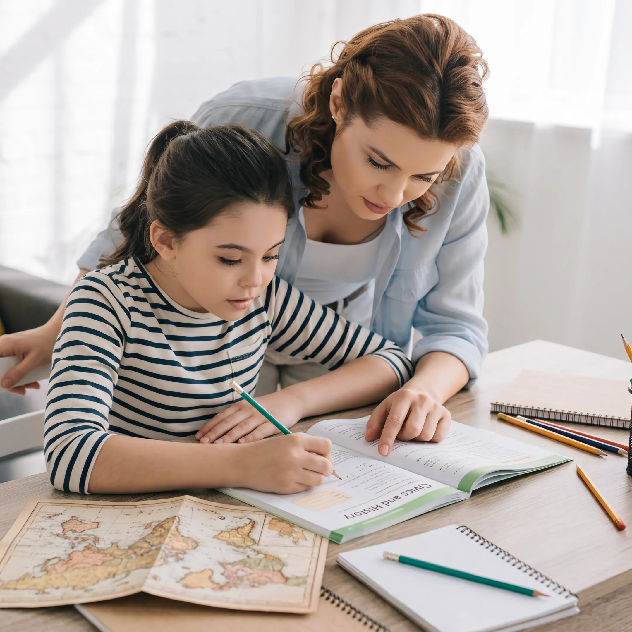Eighth-grade student studying social studies at home