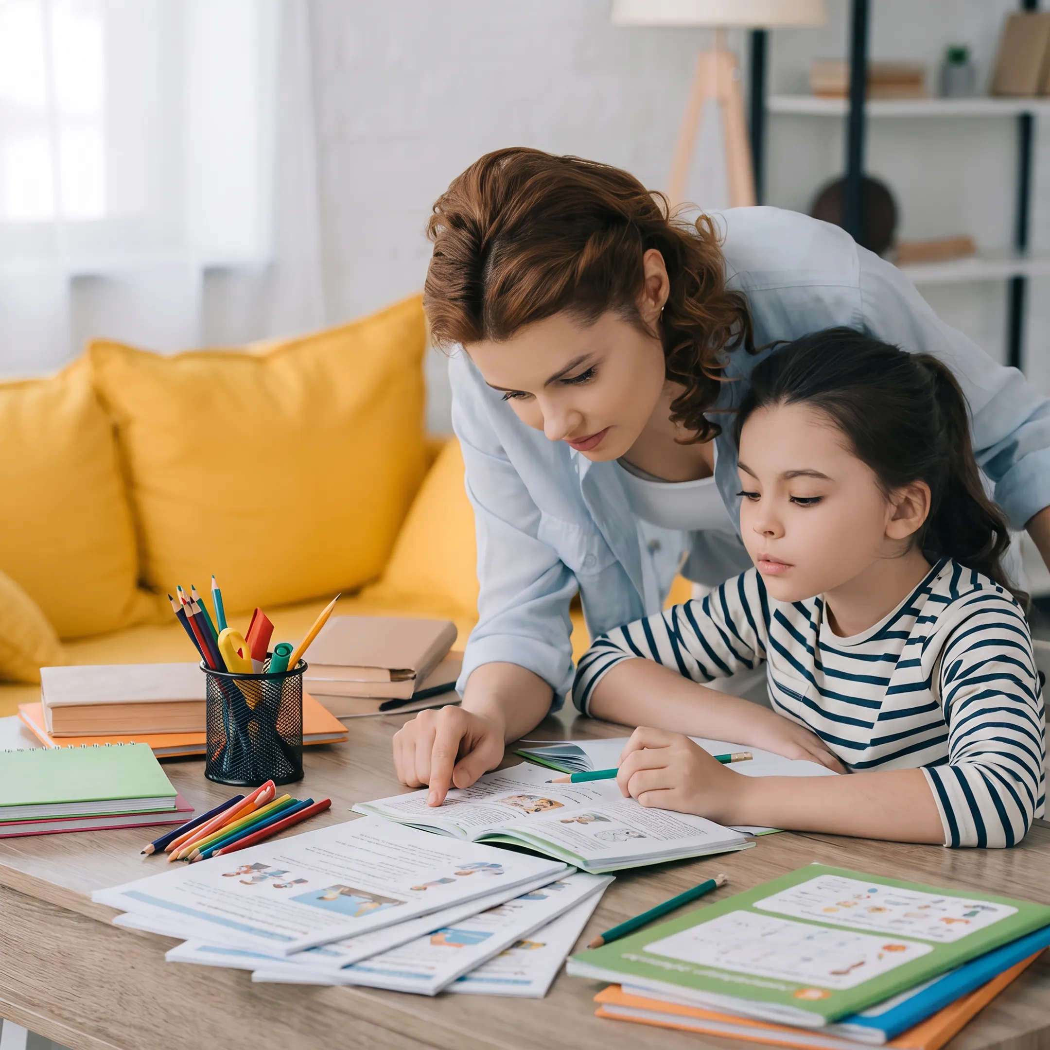 Parent reviewing homeschool curriculum with child