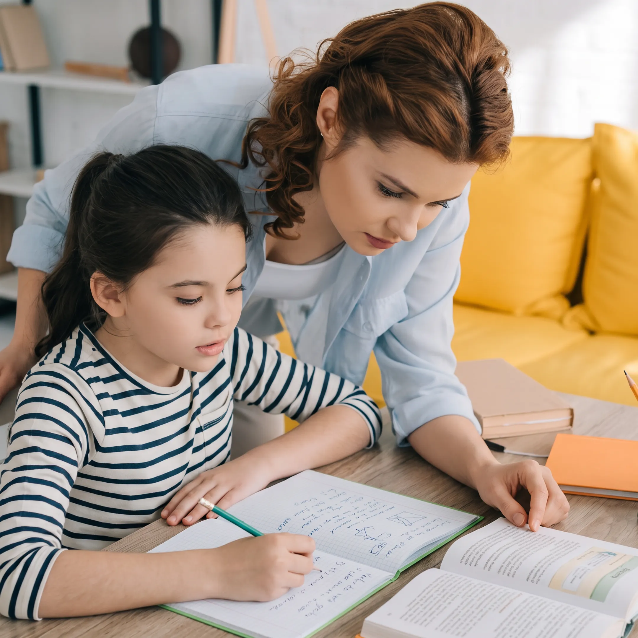 Parent and junior high student learning at home