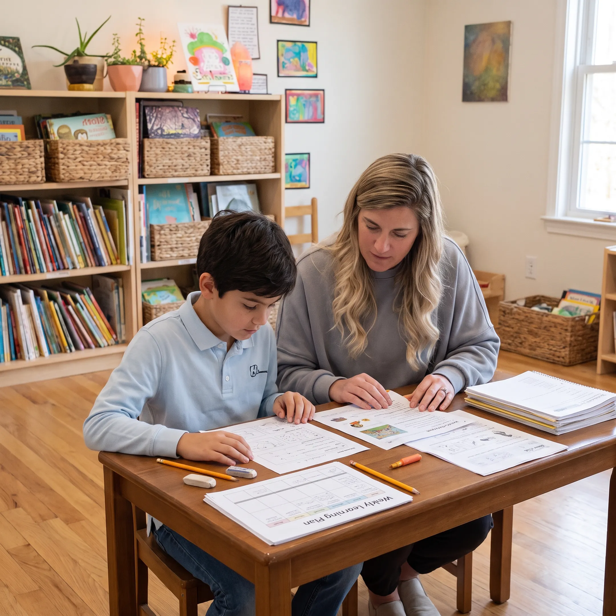 Parent planning homeschool lessons with student