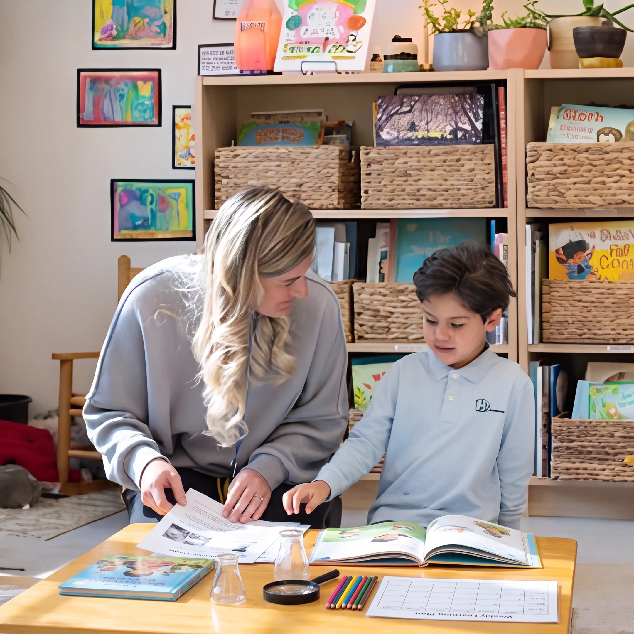 Homeschool parent preparing integrated lesson materials