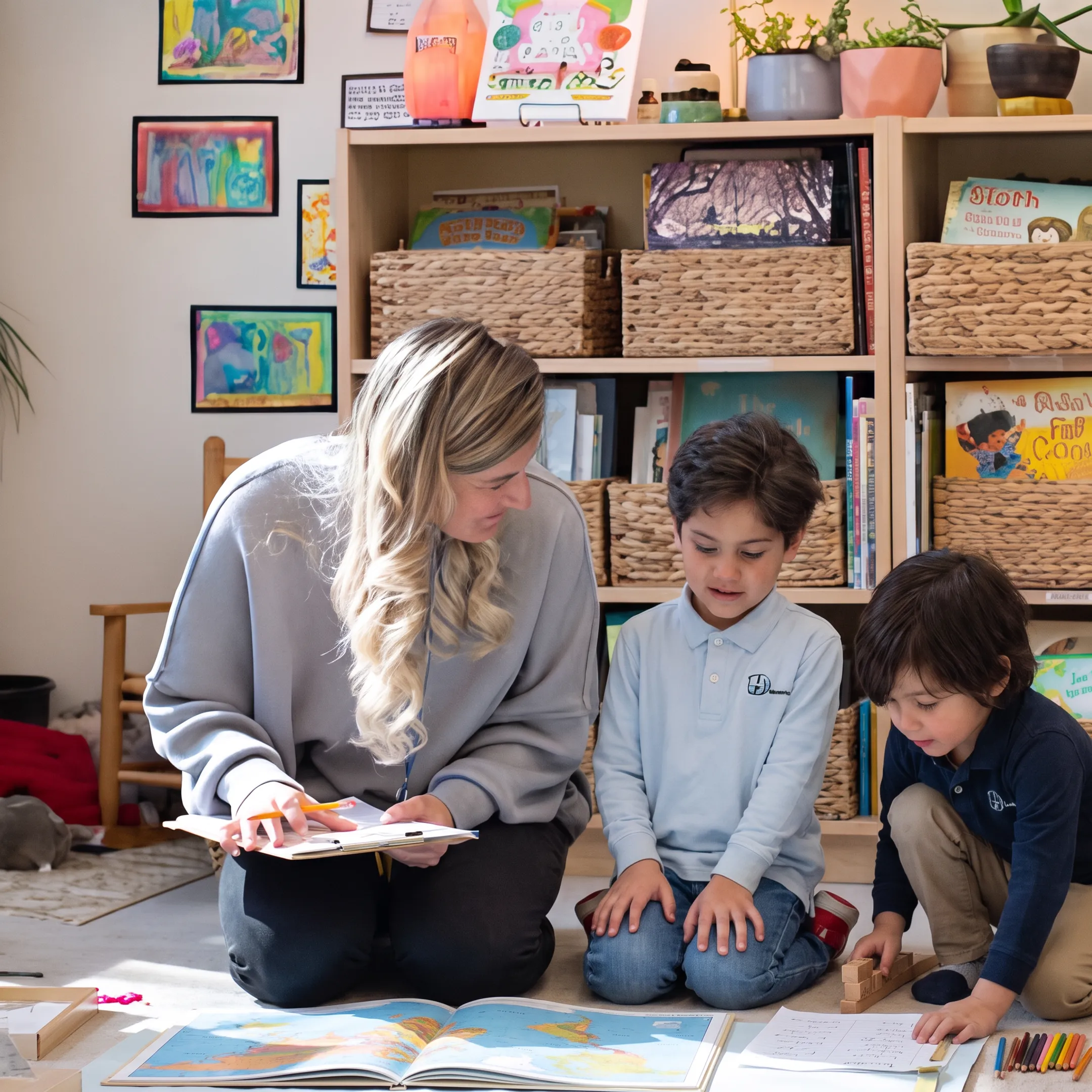 Parent guiding children through a homeschool lesson