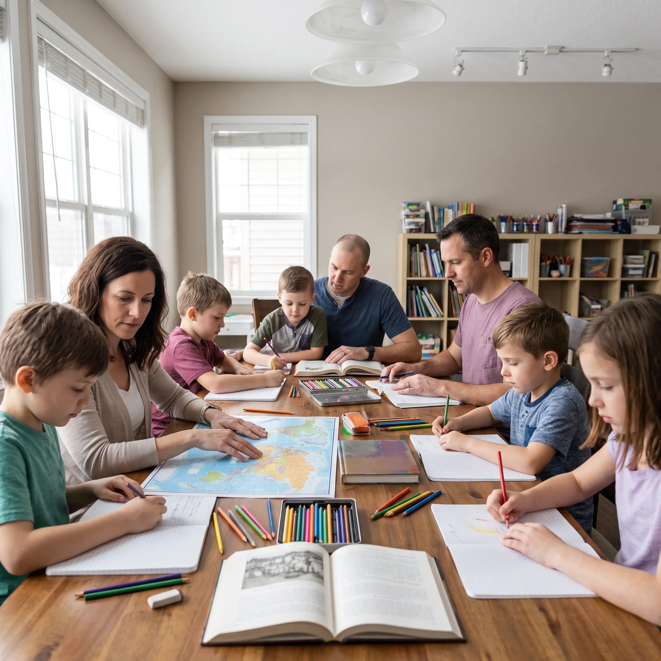Homeschool families learning together at a community table