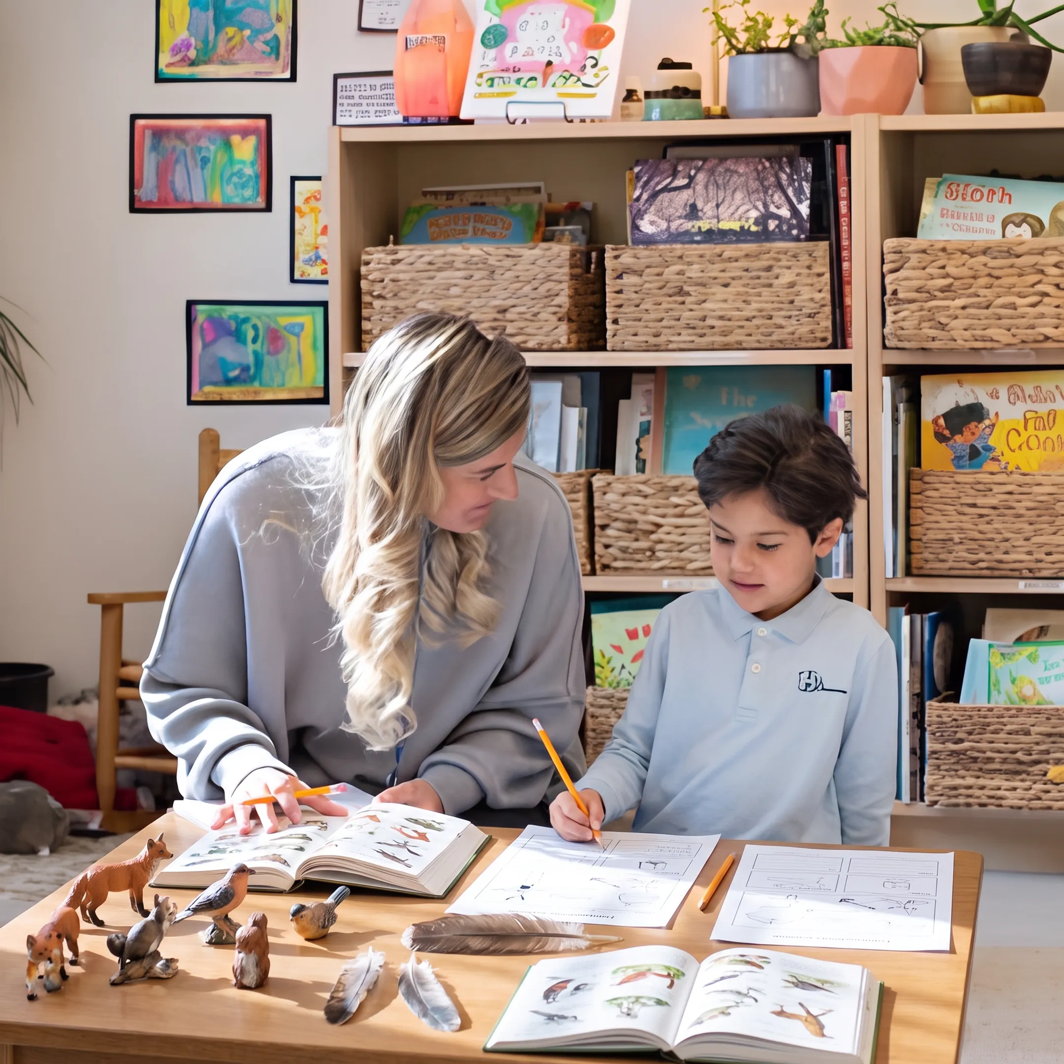Parent guiding a child through an animal science activity