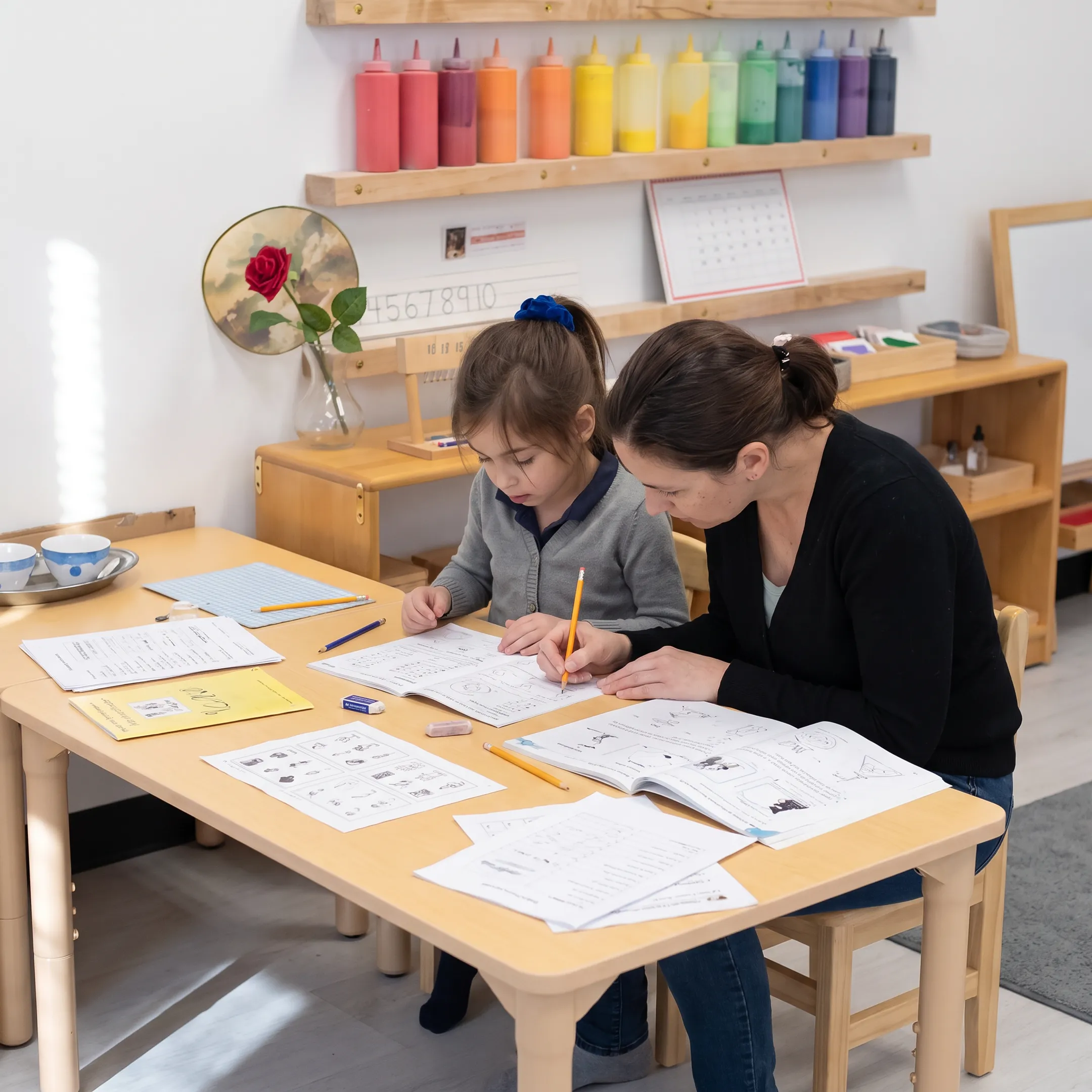 Parent guiding a child through a homeschool lesson