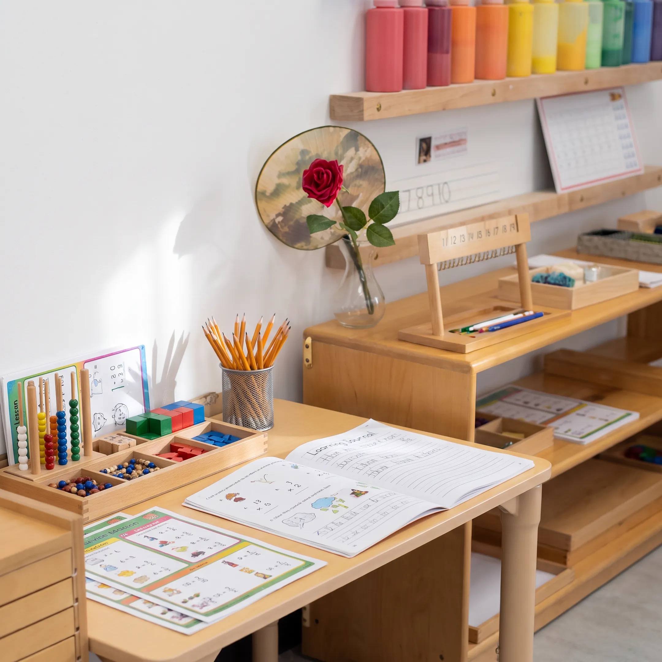 Hands-on homeschool materials arranged for focused learning