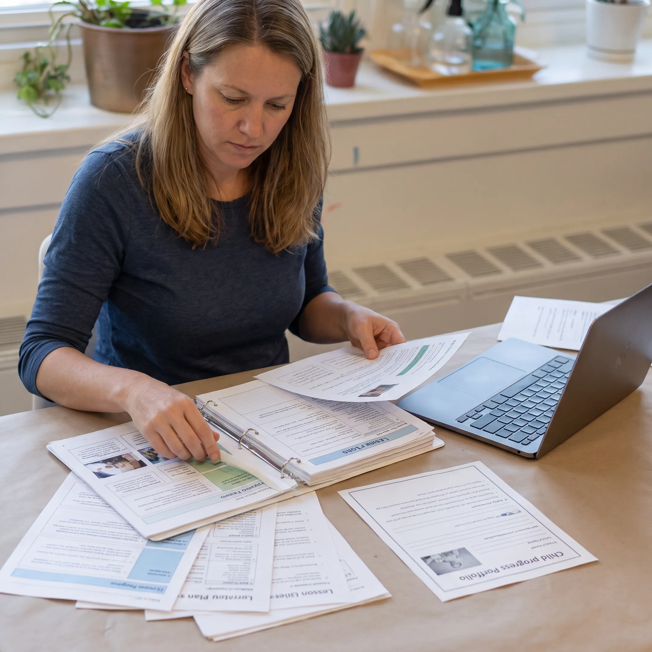 Homeschool parent organizing curriculum and portfolio materials