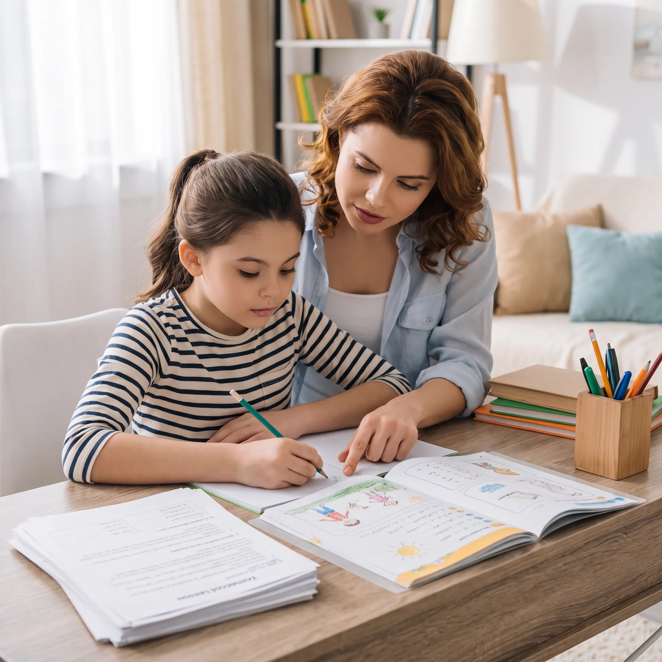 Parent and child reviewing homeschool materials at home