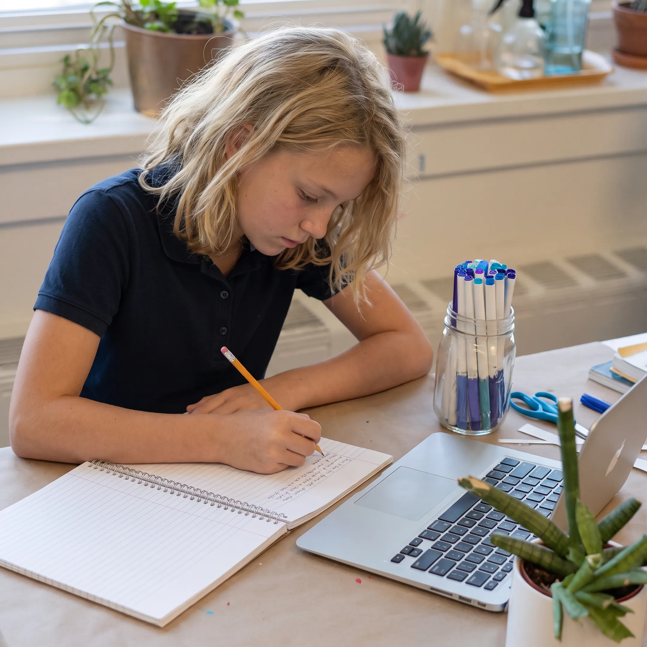 Middle school student writing during an online lesson