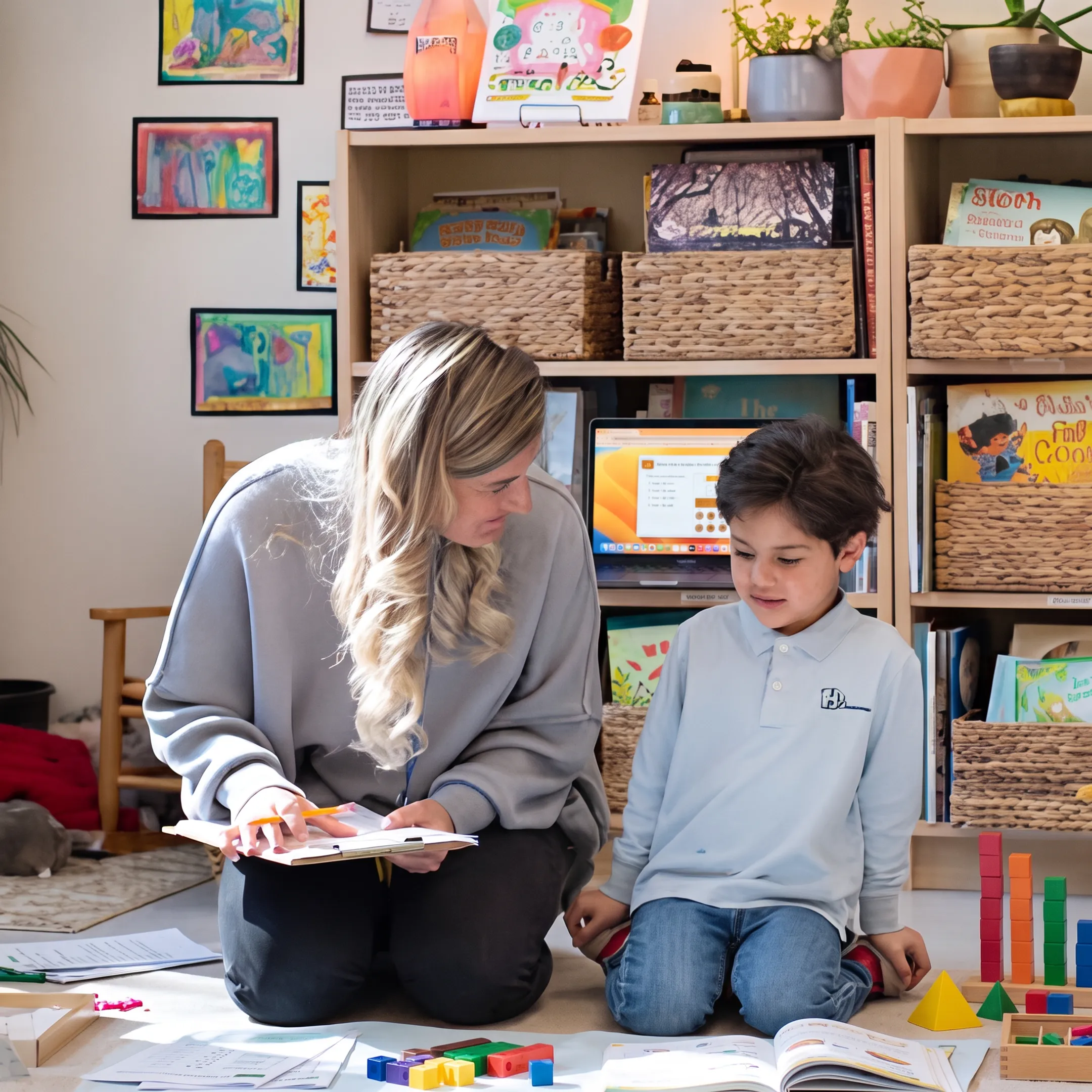 Parent guiding an elementary student through a home lesson