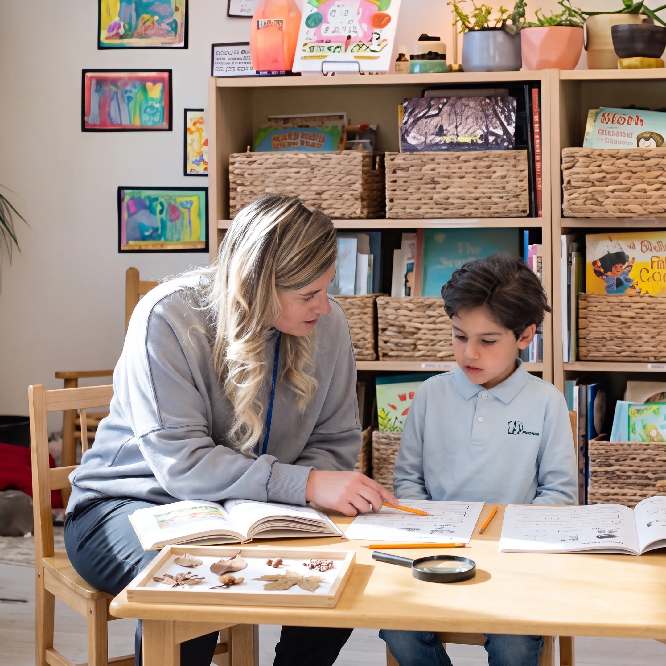 Parent guiding a child through homeschool lessons at home