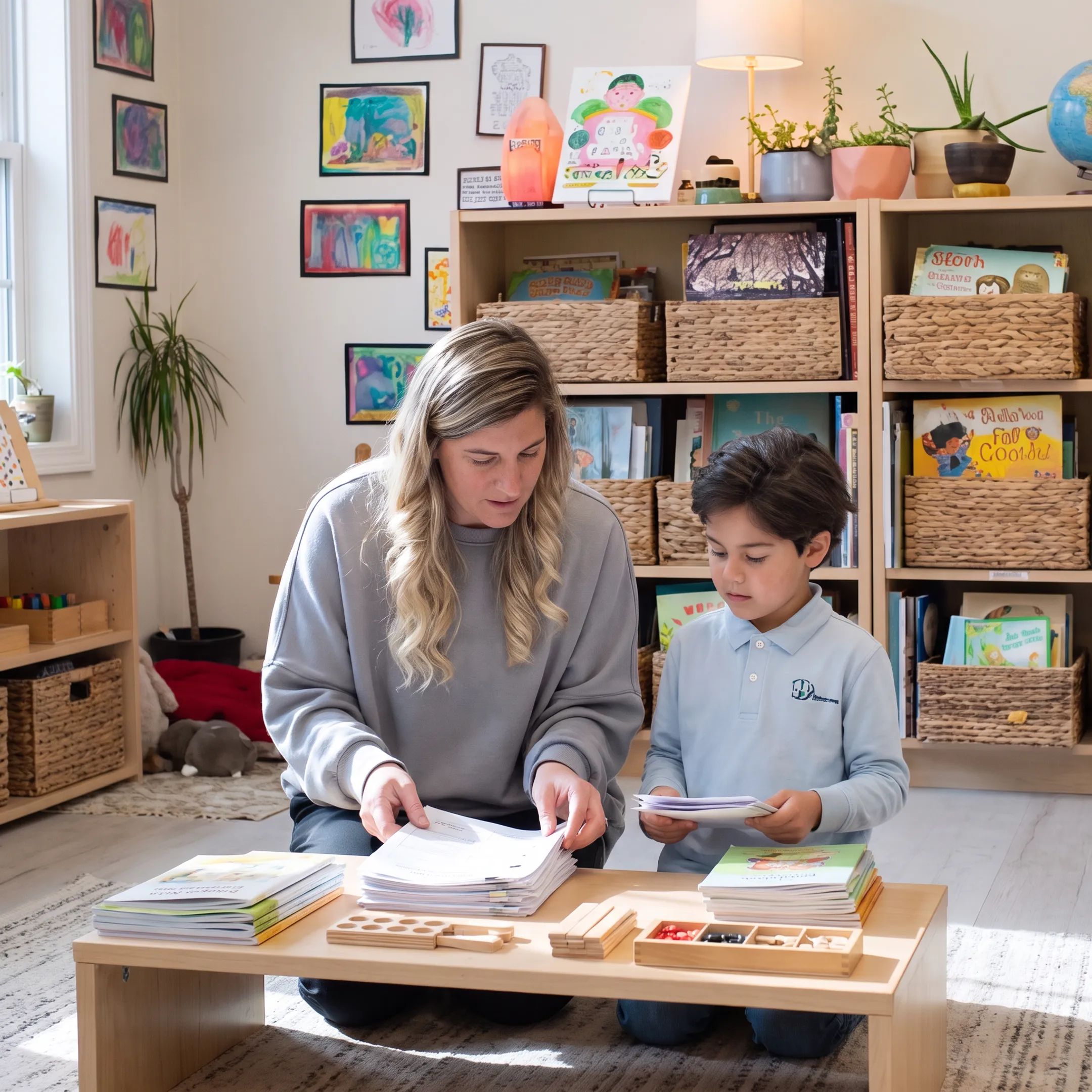 Parent preparing hands-on homeschool materials with child