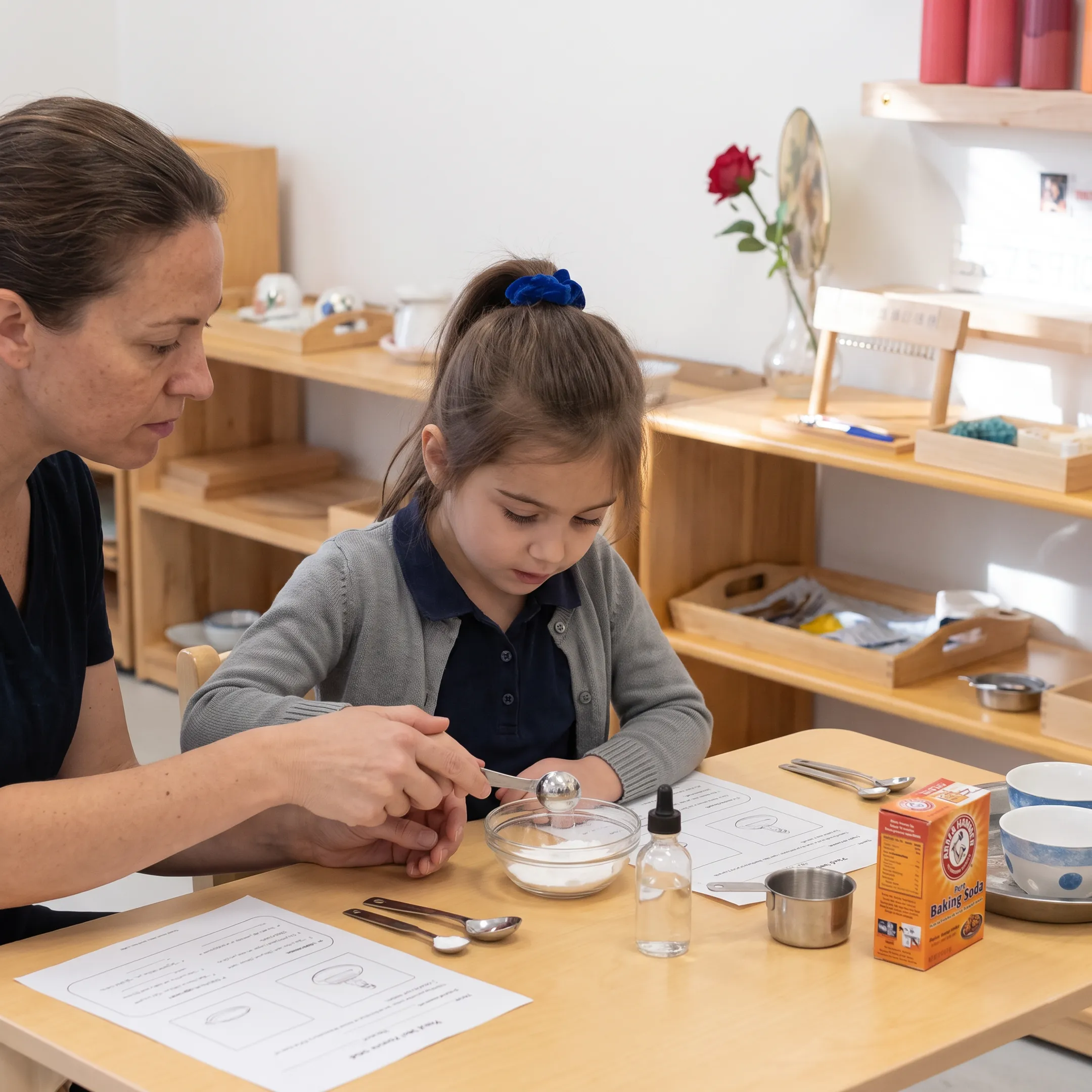 Parent guiding a child through a science activity