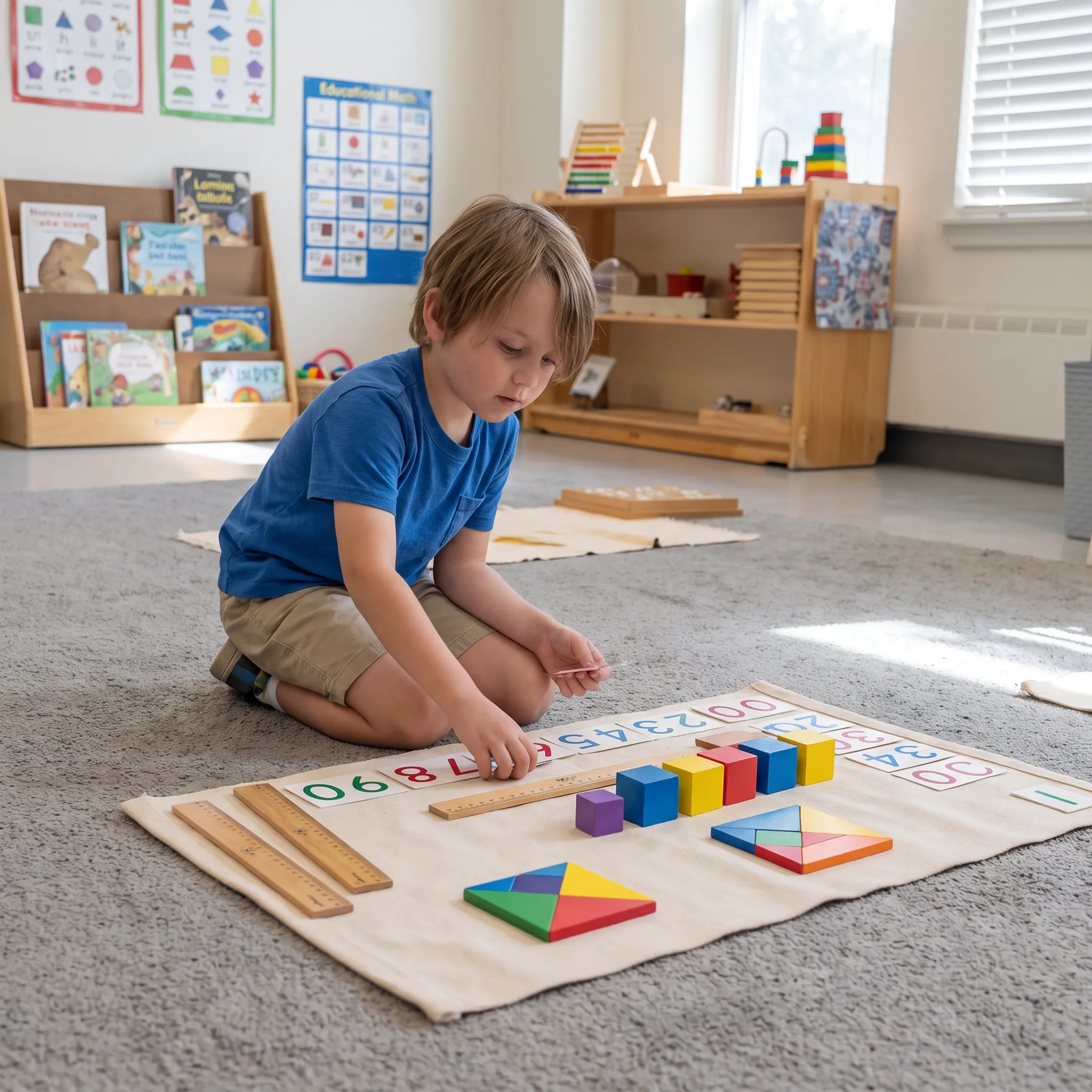 Child using math materials during a homeschool lesson