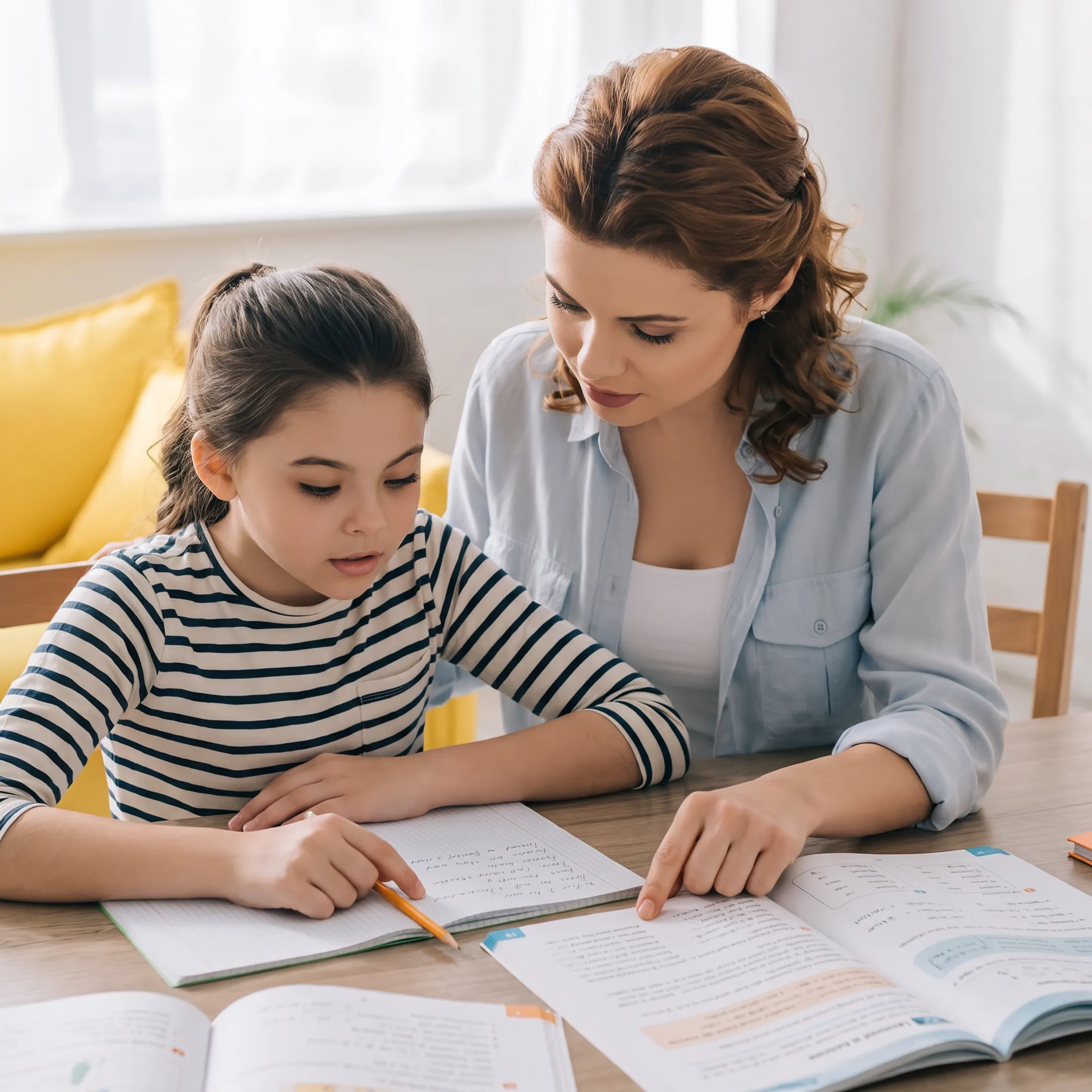Parent reviewing printed learning materials with a child