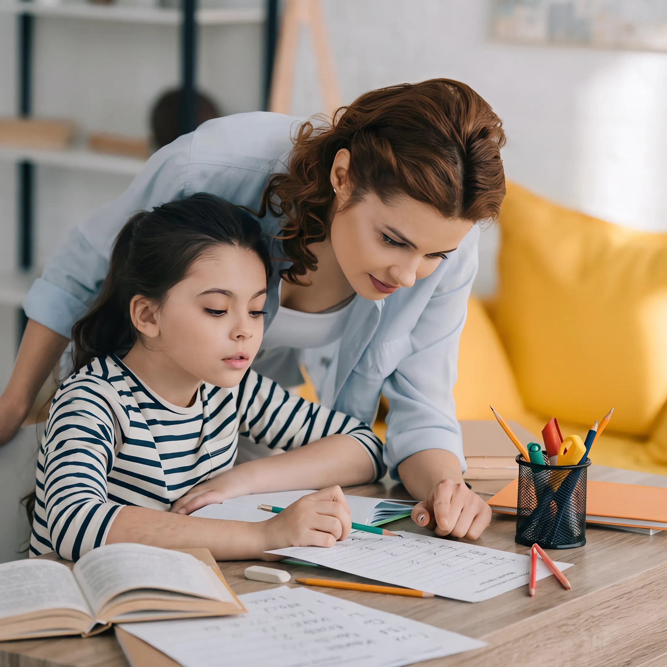Parent and child working on a writing lesson at home