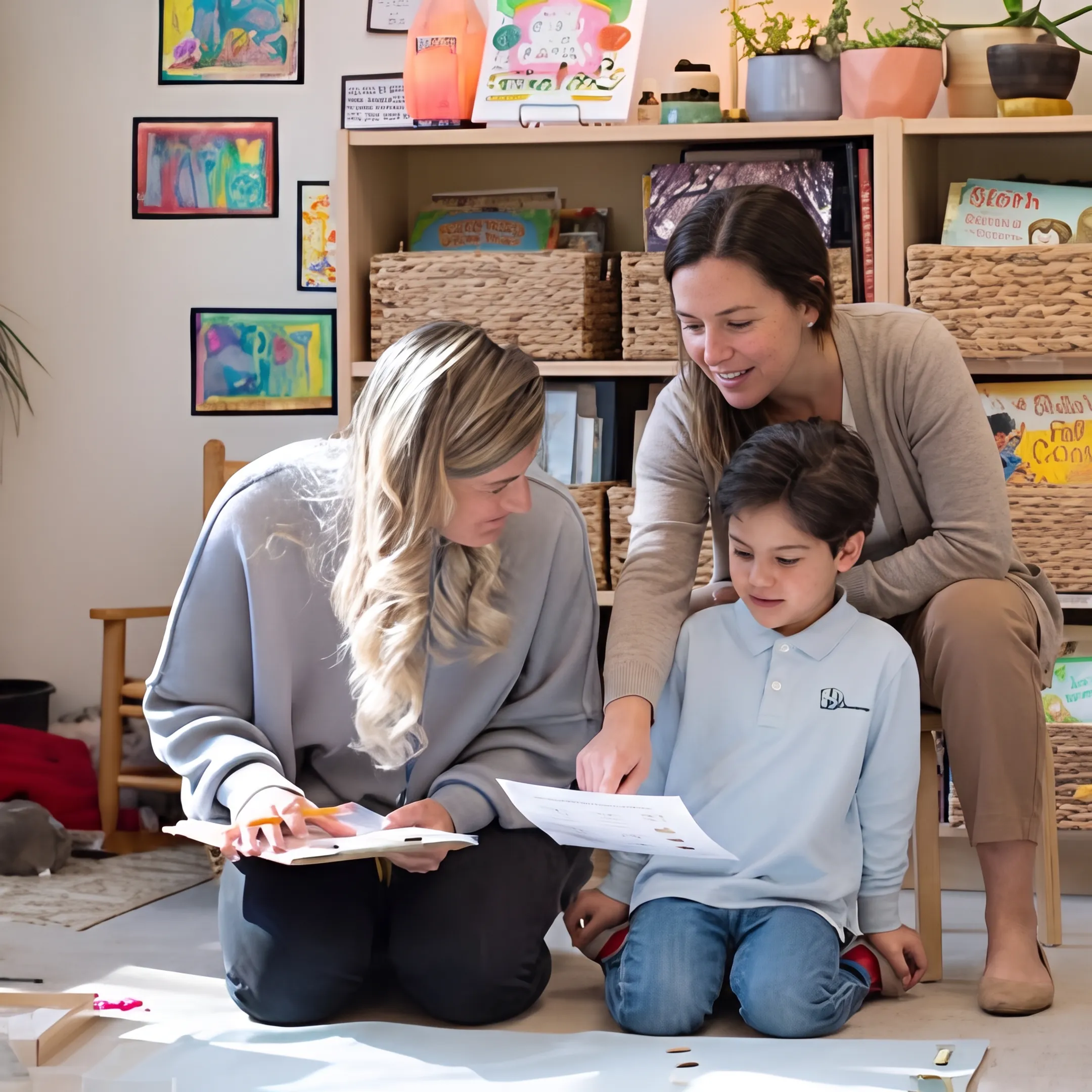 Parent and child reviewing homeschool lessons with a tutor