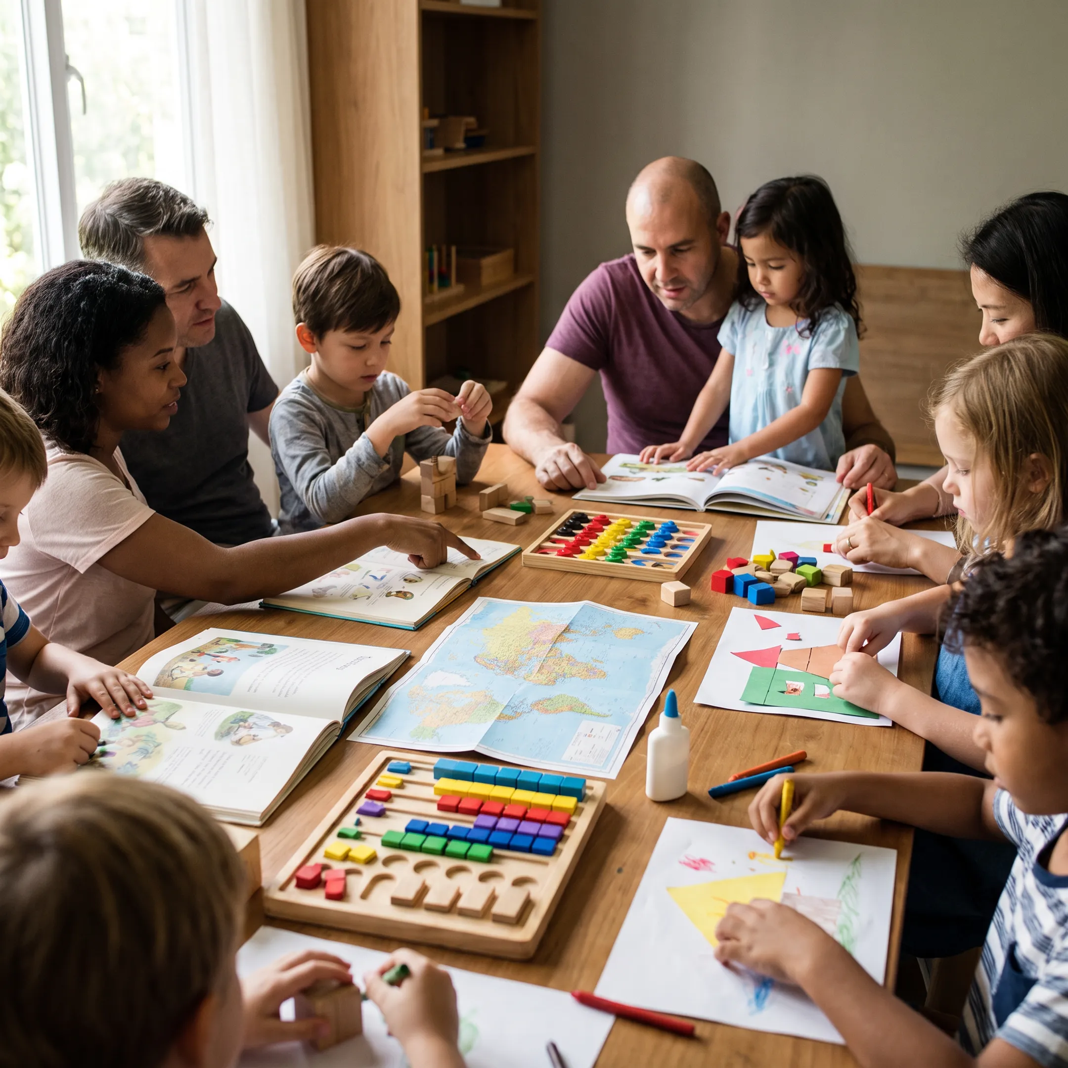 Homeschool children learning together with parents