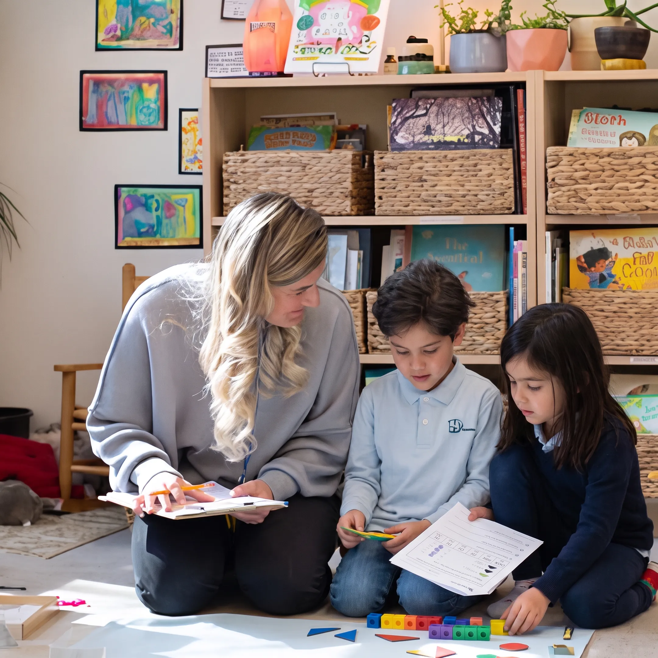 Parent guiding children through homeschool lessons