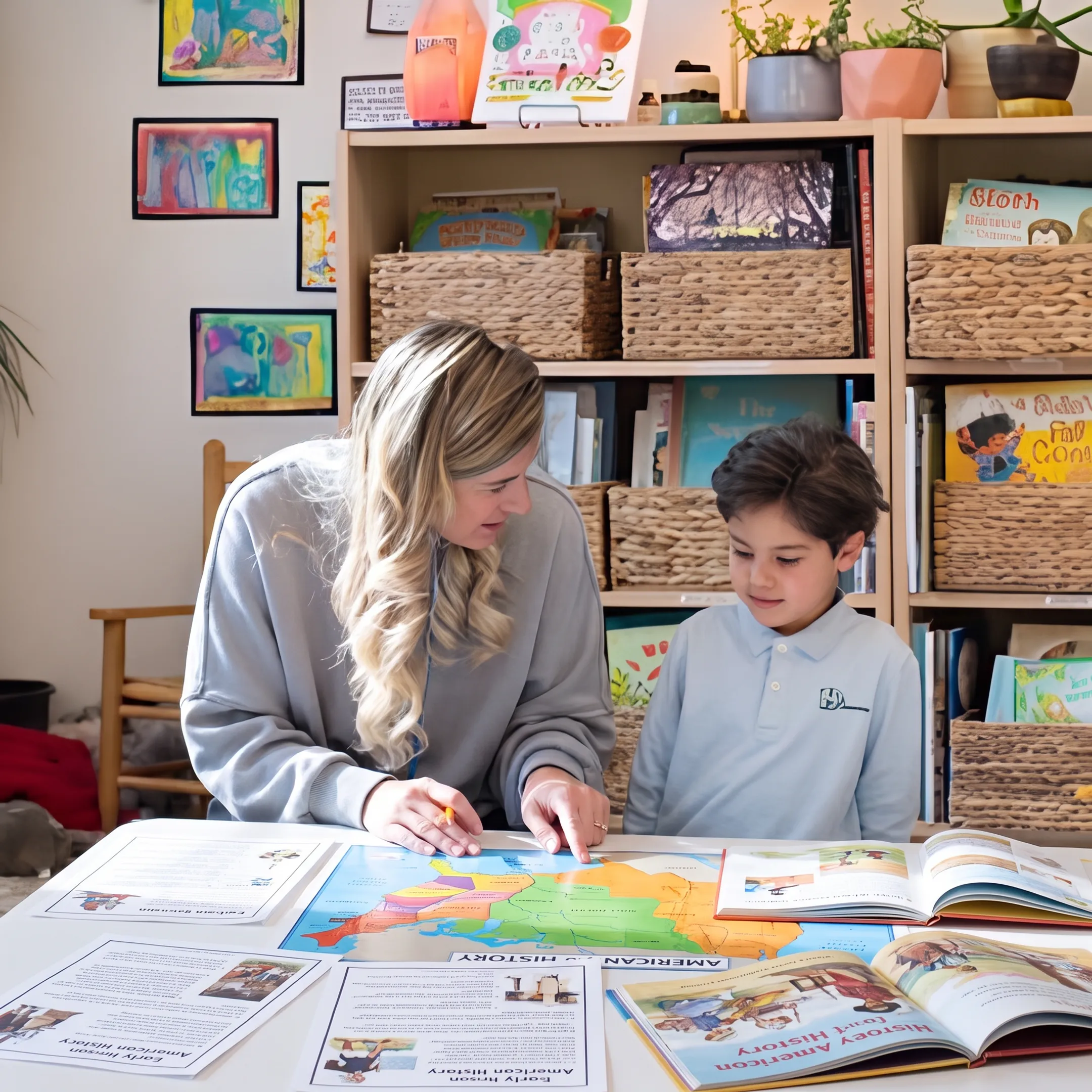 Parent and child exploring homeschool history materials