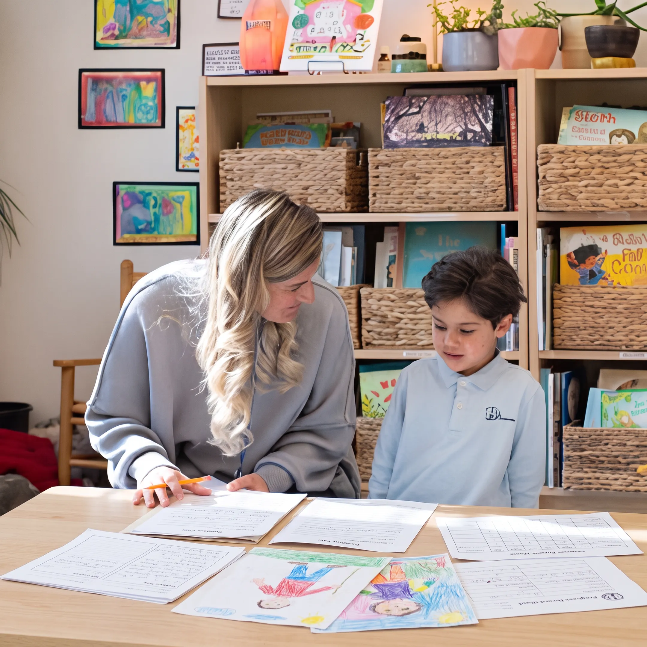 Parent reviewing homeschool portfolio with child
