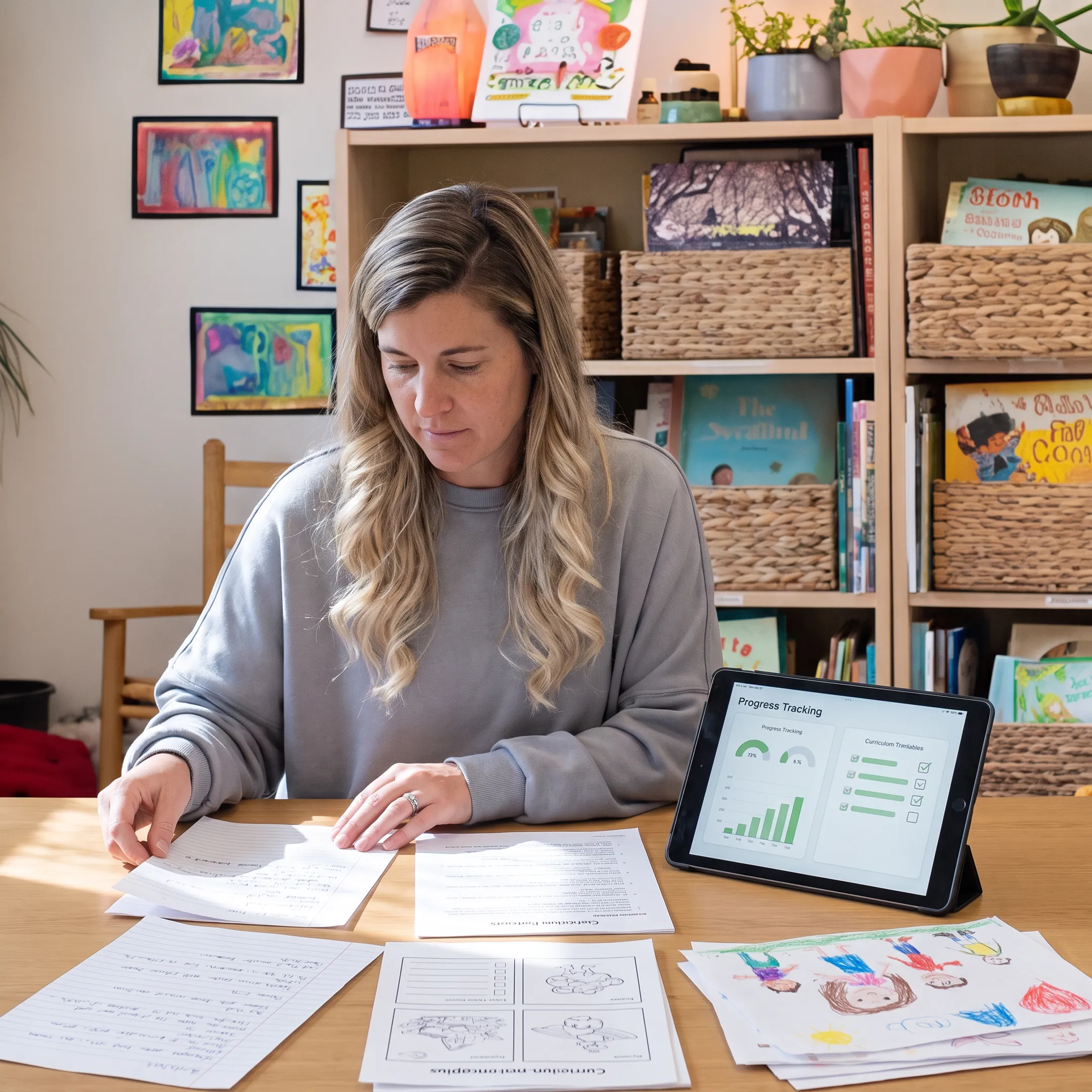 Homeschool parent organizing learning records