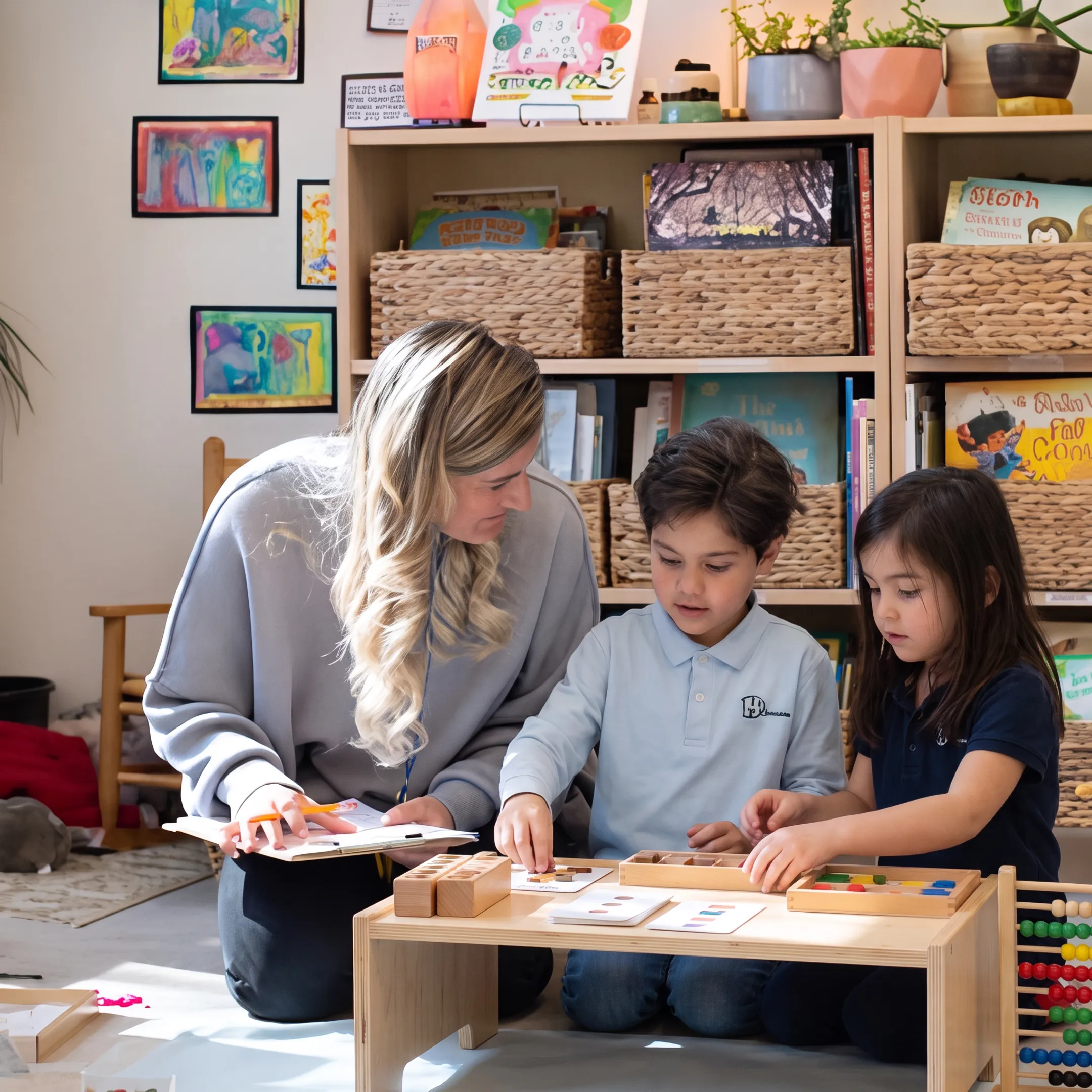 Parent guiding children through a homeschool lesson