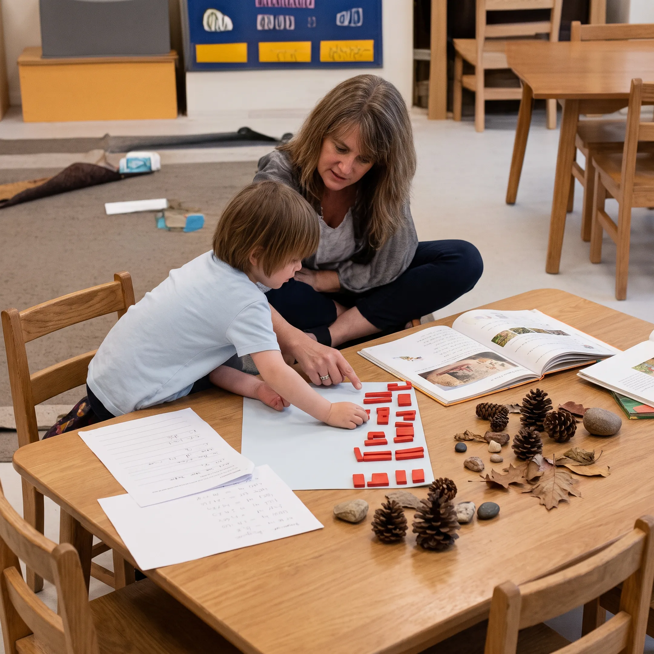 Parent guiding a preschool hands-on activity