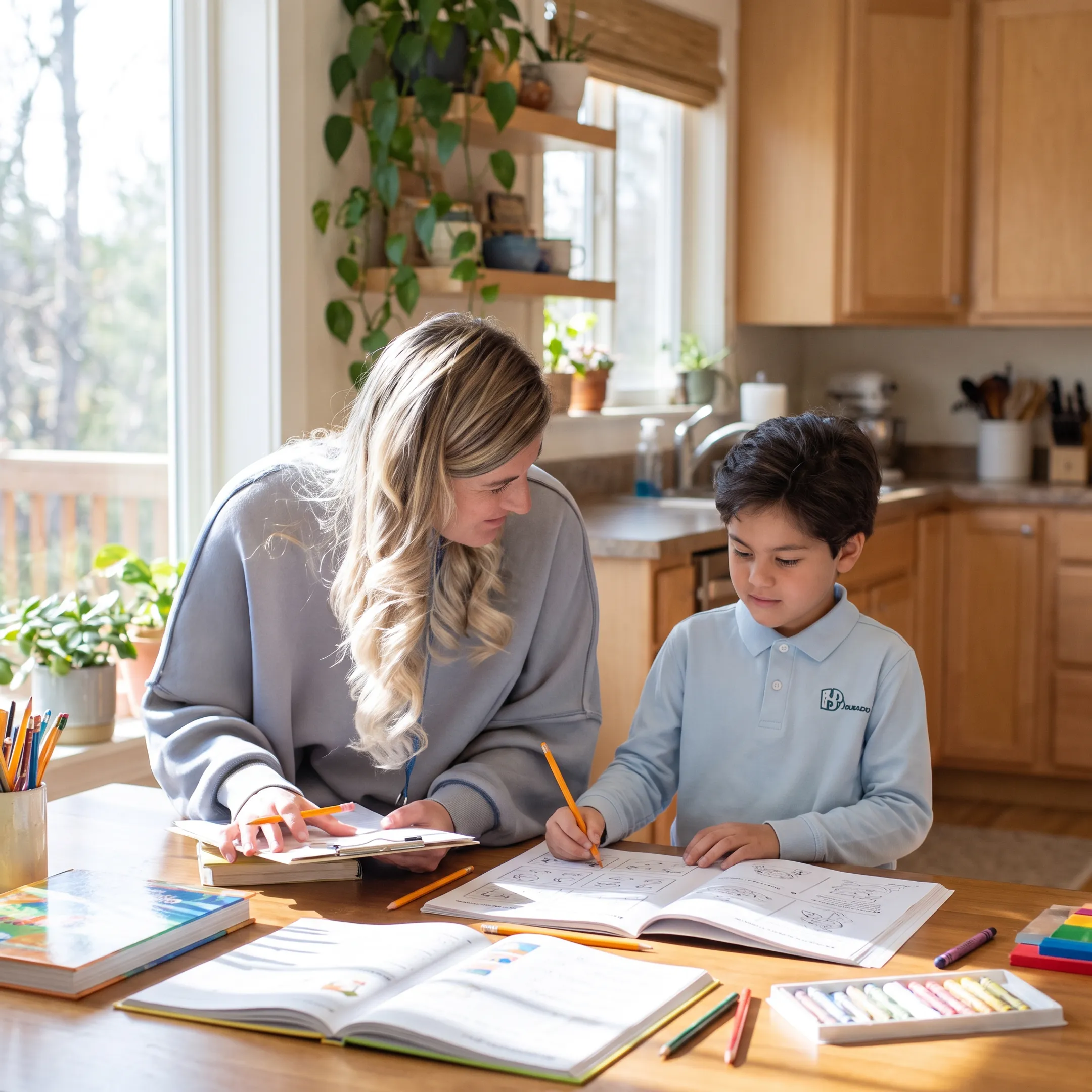Parent and child using homeschool materials at home
