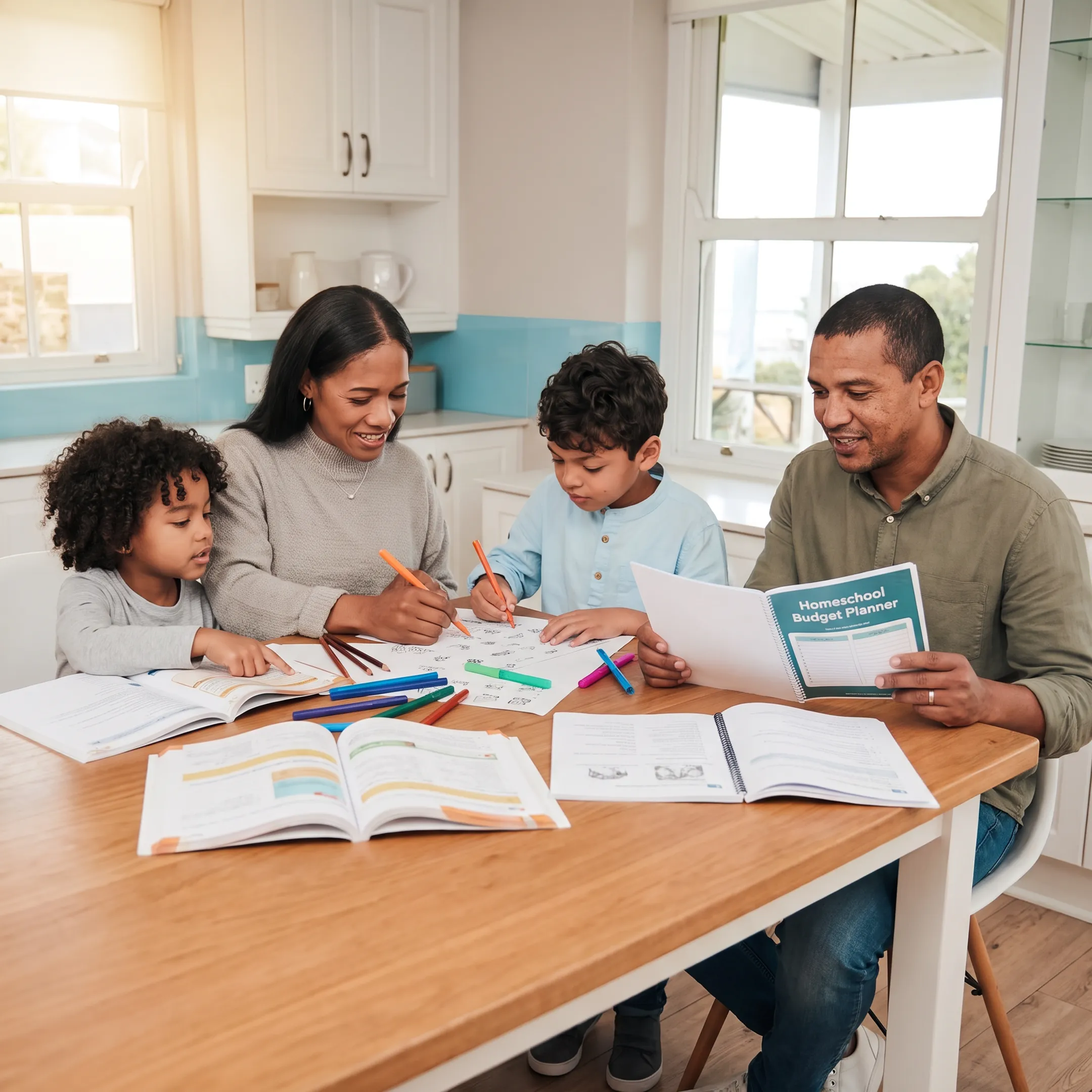 Parent and children planning homeschool lessons together
