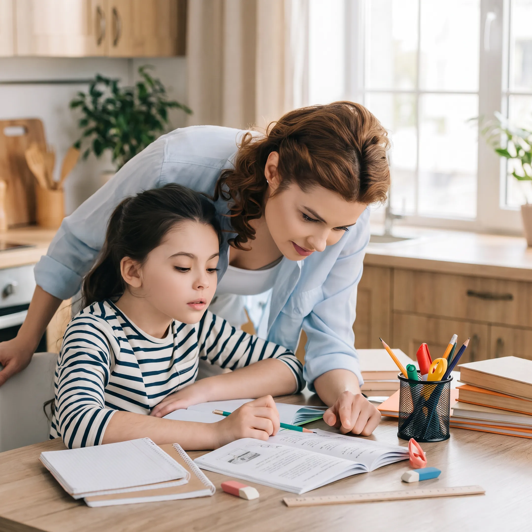 Parent and child reviewing homeschool materials at home