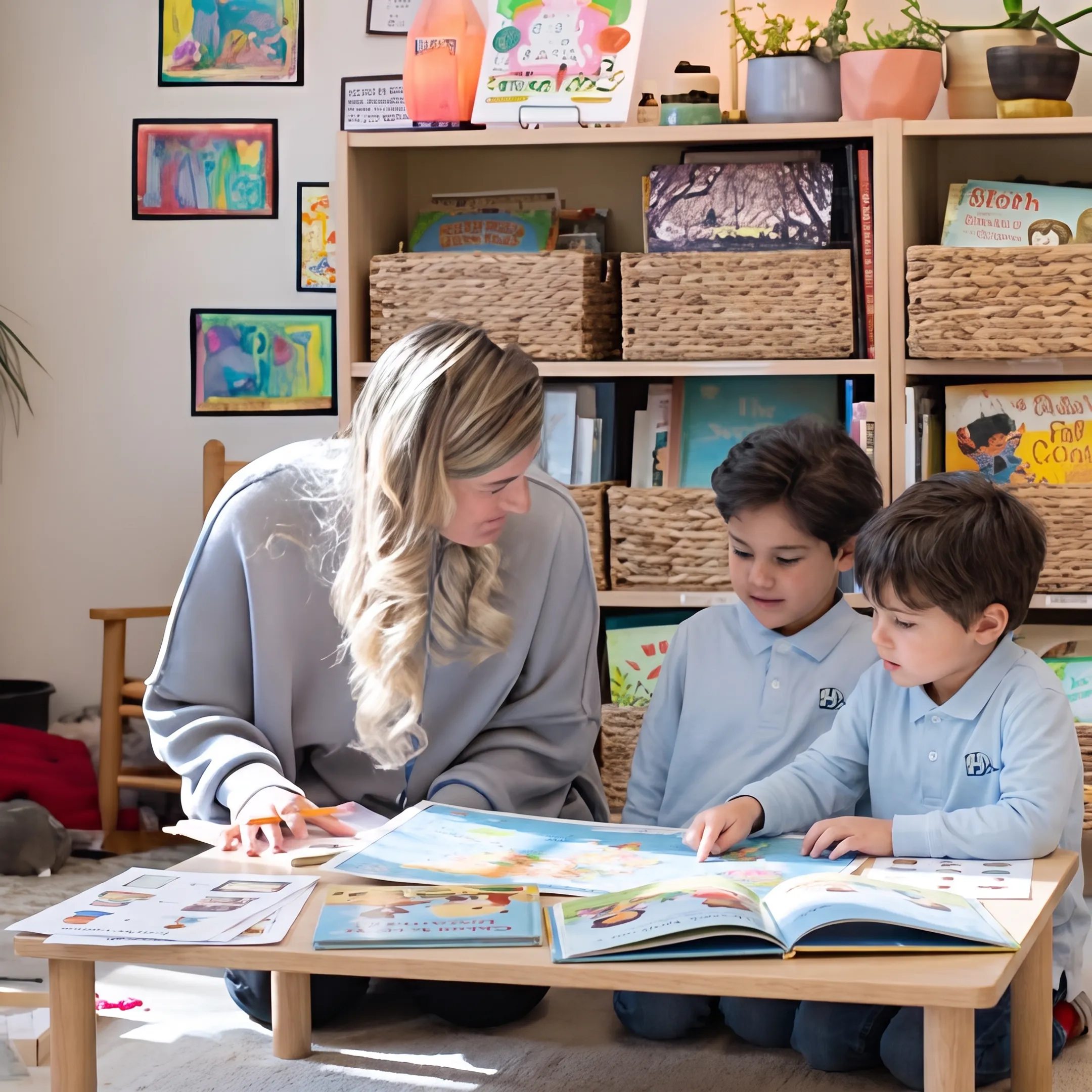 Parent and children planning homeschool lessons together