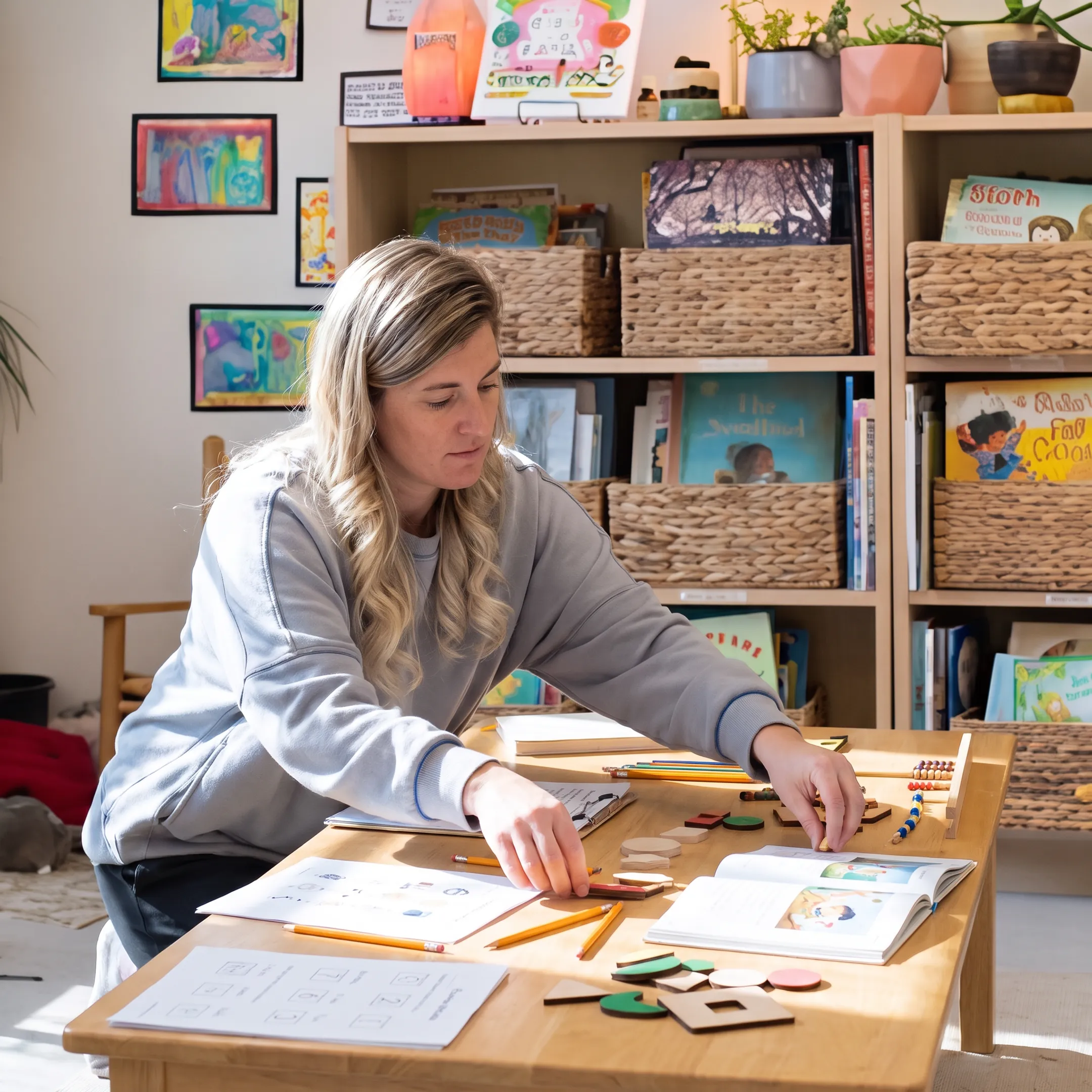 Parent preparing hands-on homeschool materials