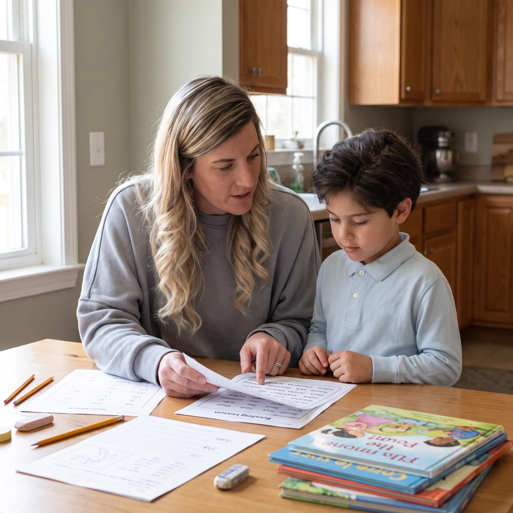 Homeschool parent guiding a reading lesson