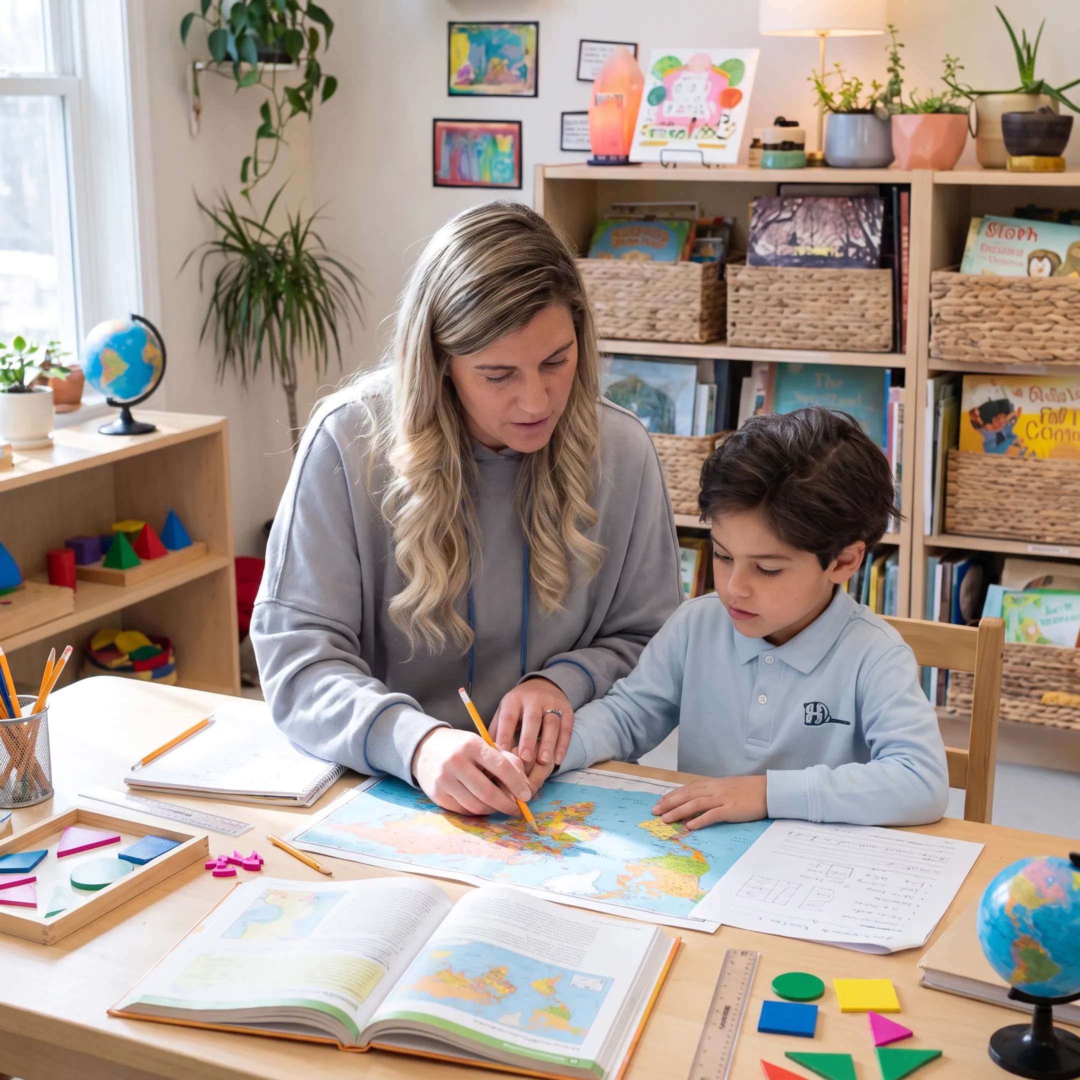 Parent and child learning together at home