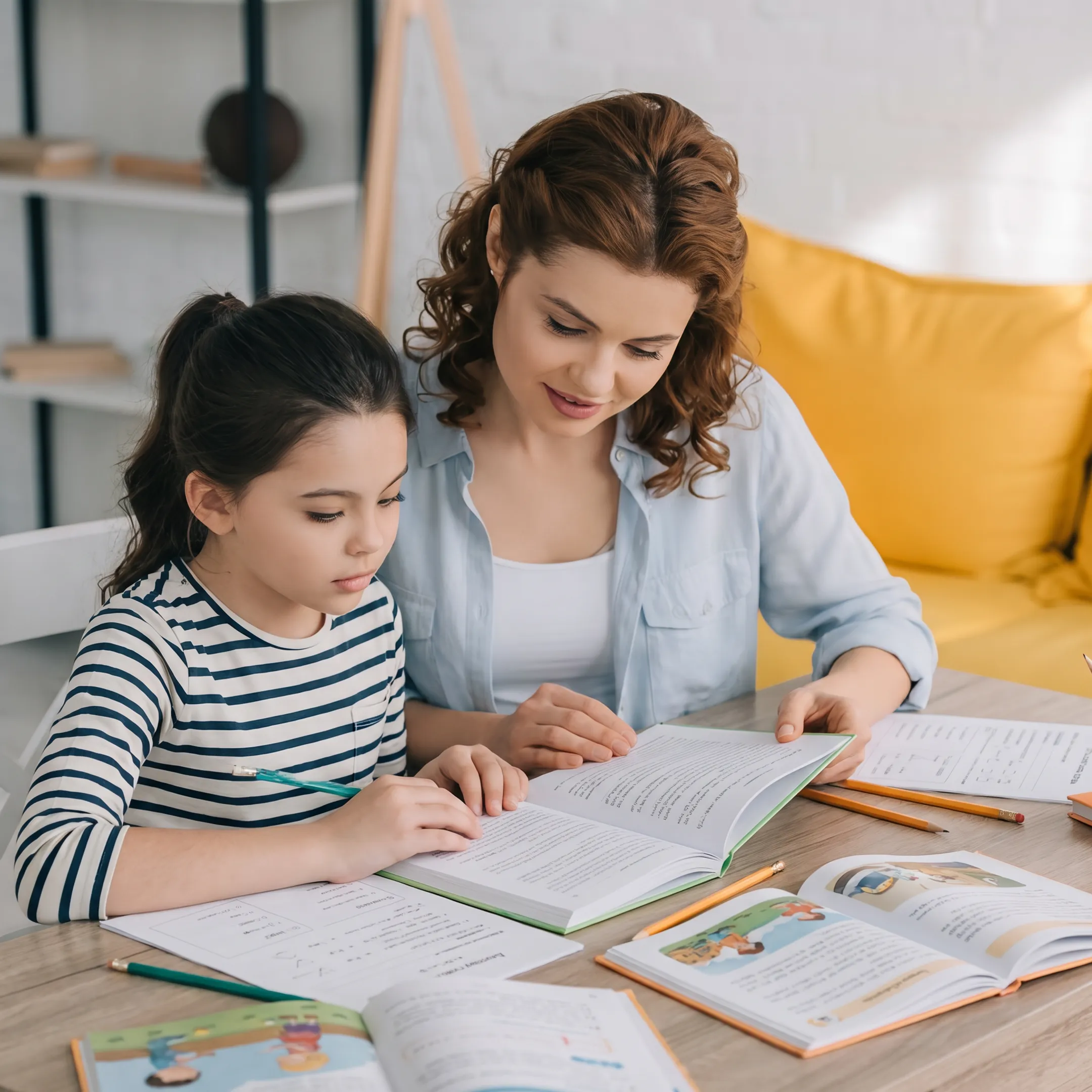 Parent helping a child practice reading at home