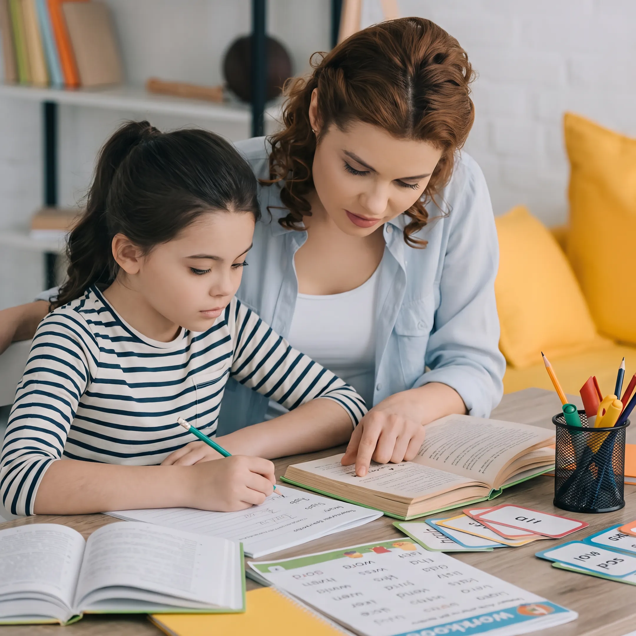 Parent guiding a child through a reading lesson