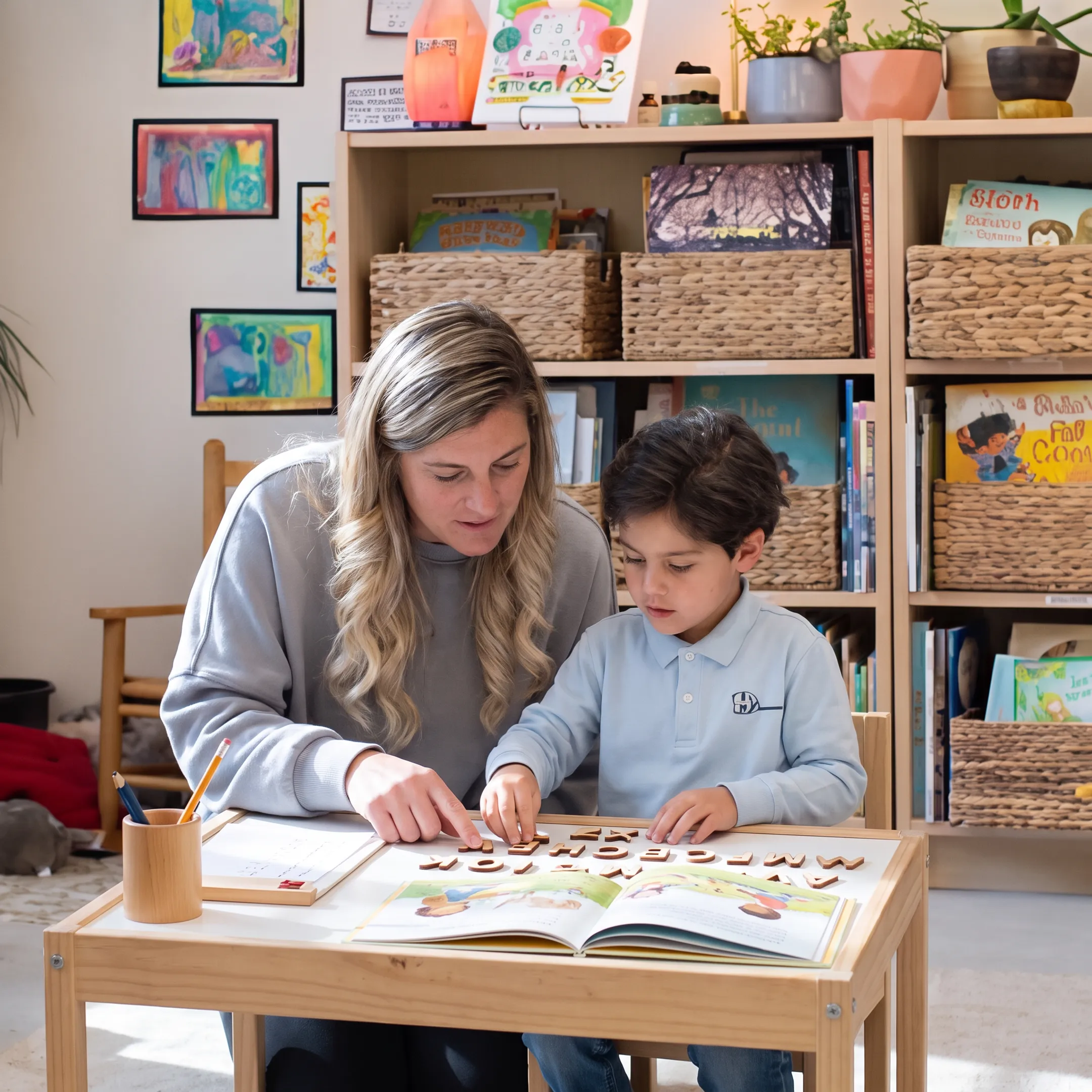 Young child practicing letters with a parent