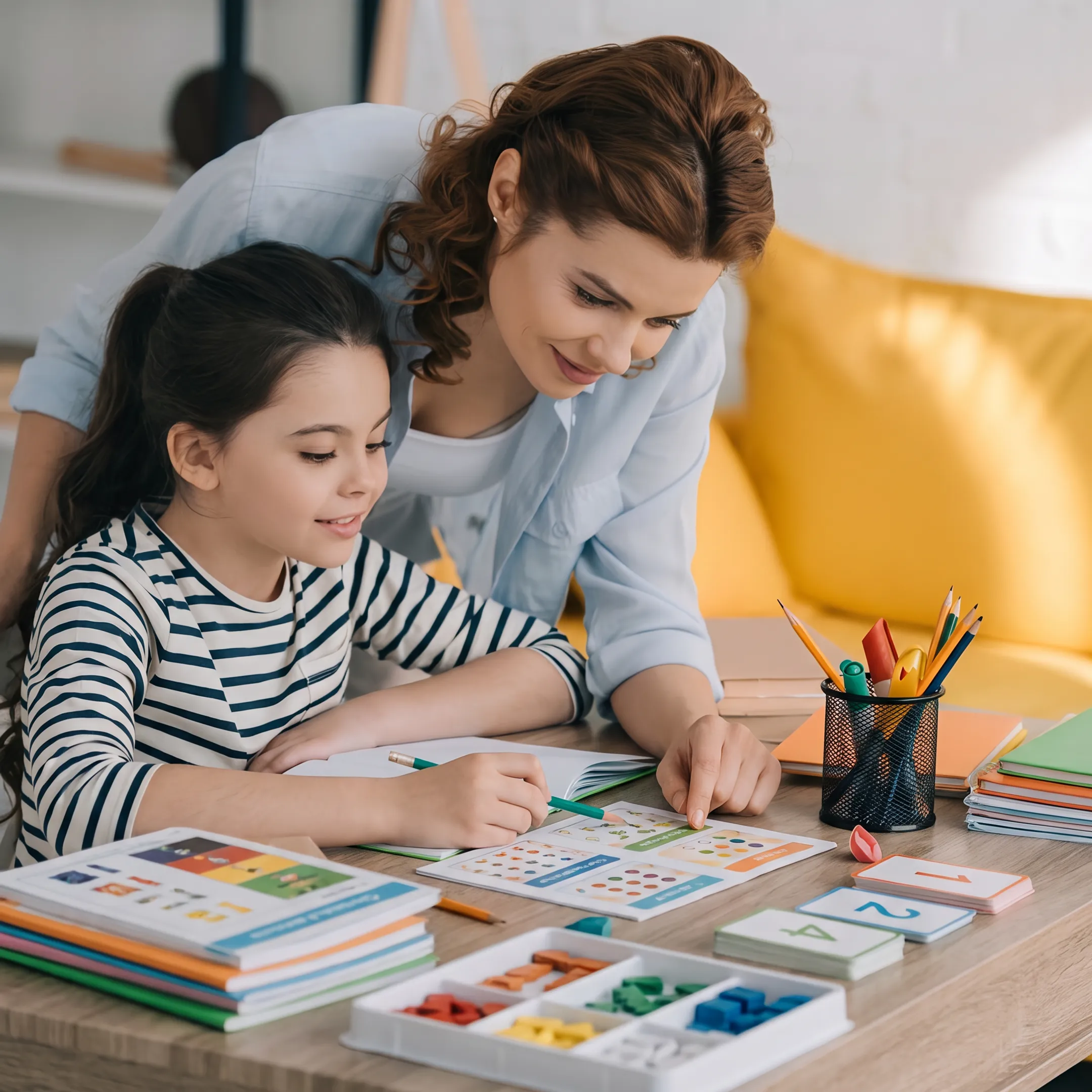 Parent preparing homeschool materials with child