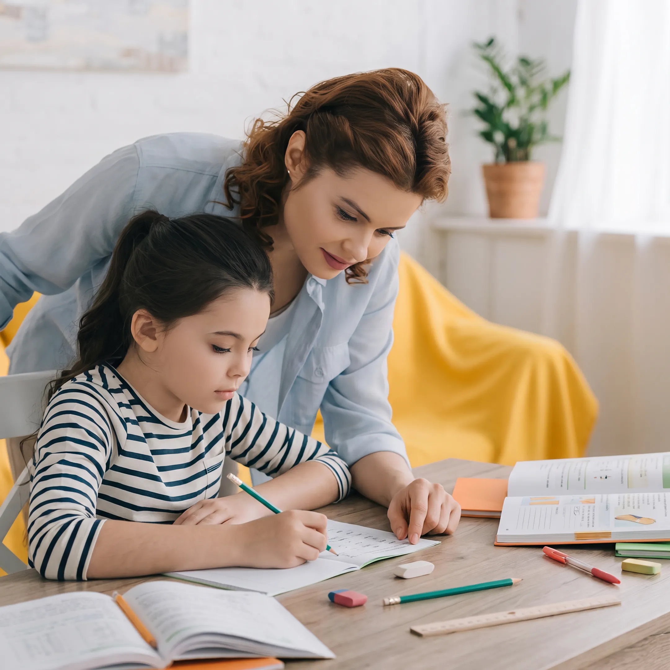 Parent and elementary child reviewing homeschool lessons