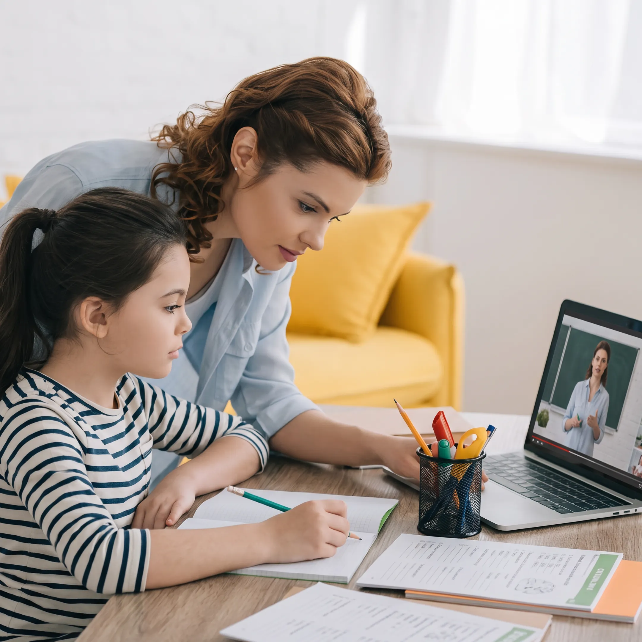 Parent and child using homeschool video lessons