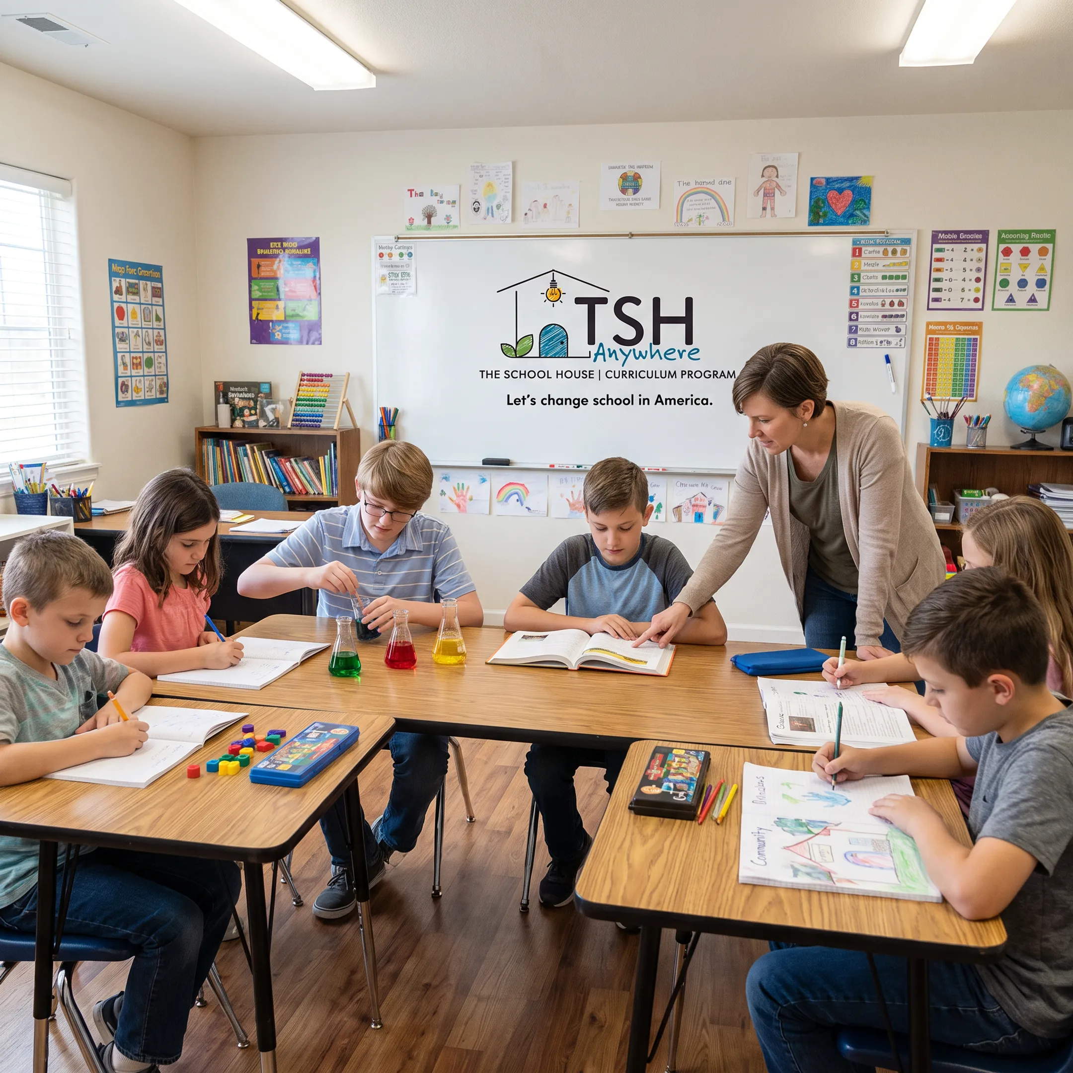 Educator guiding children in a collaborative microschool learning environment