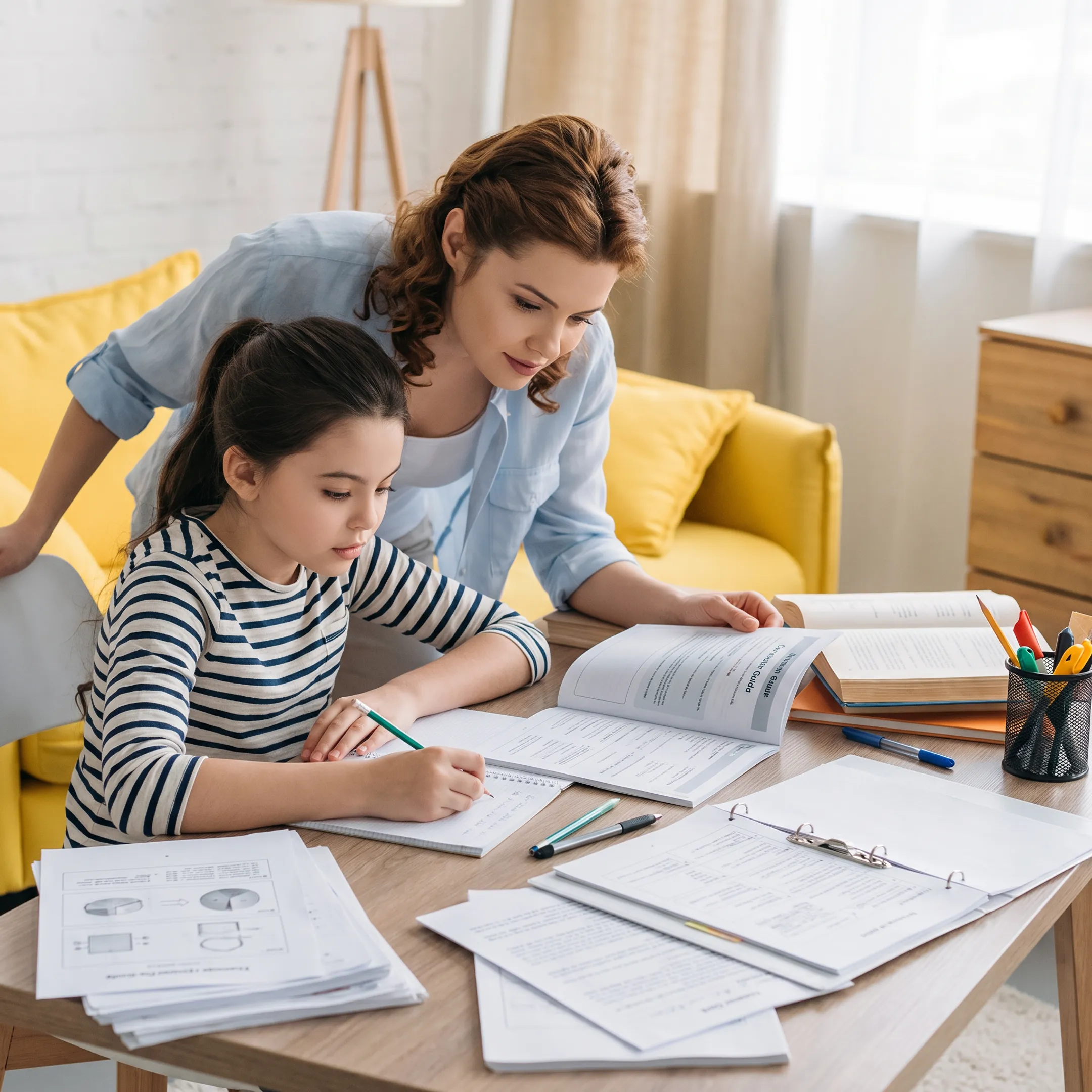 Parent and 8th grader reviewing homeschool curriculum materials at home