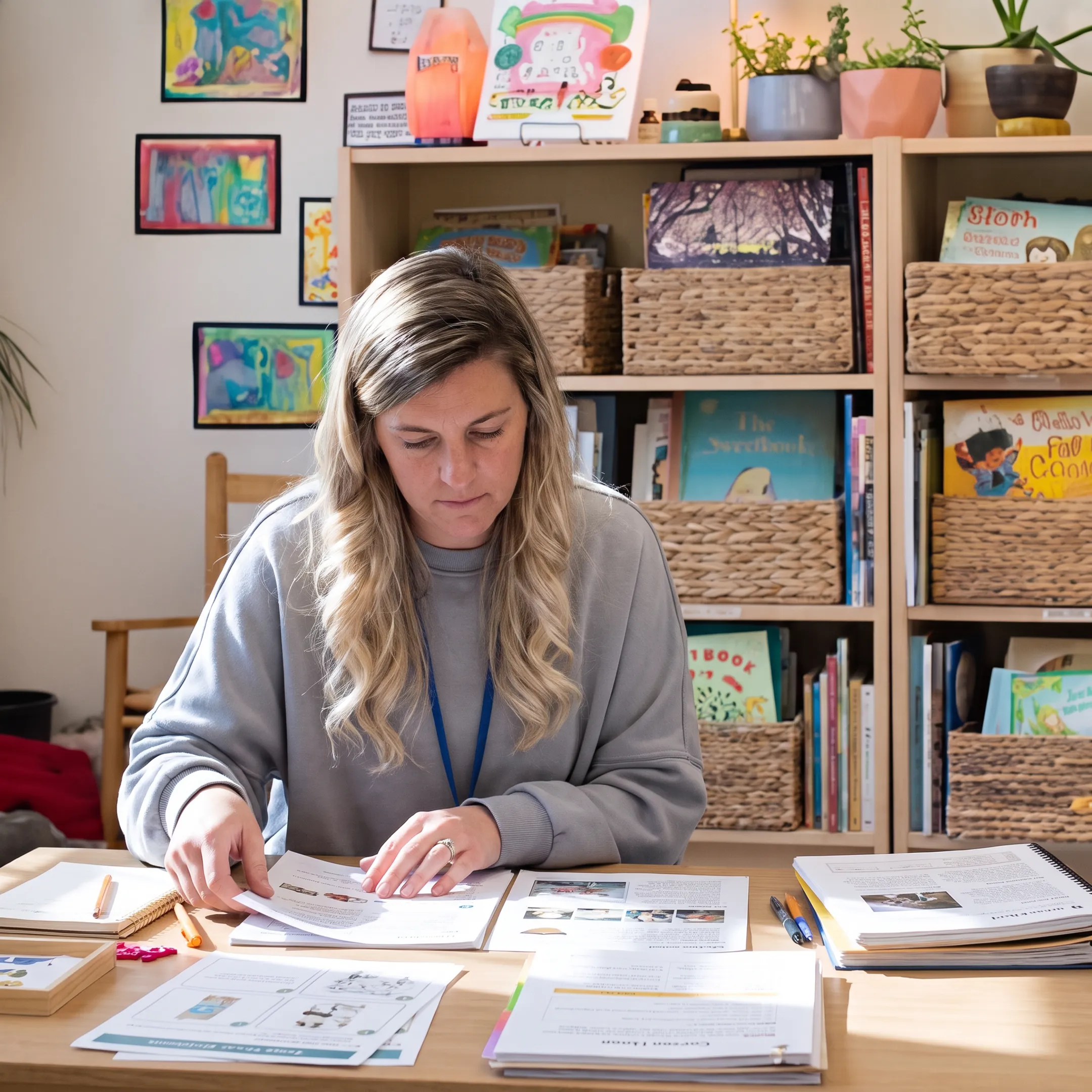 Parent organizing homeschool workshop materials at home