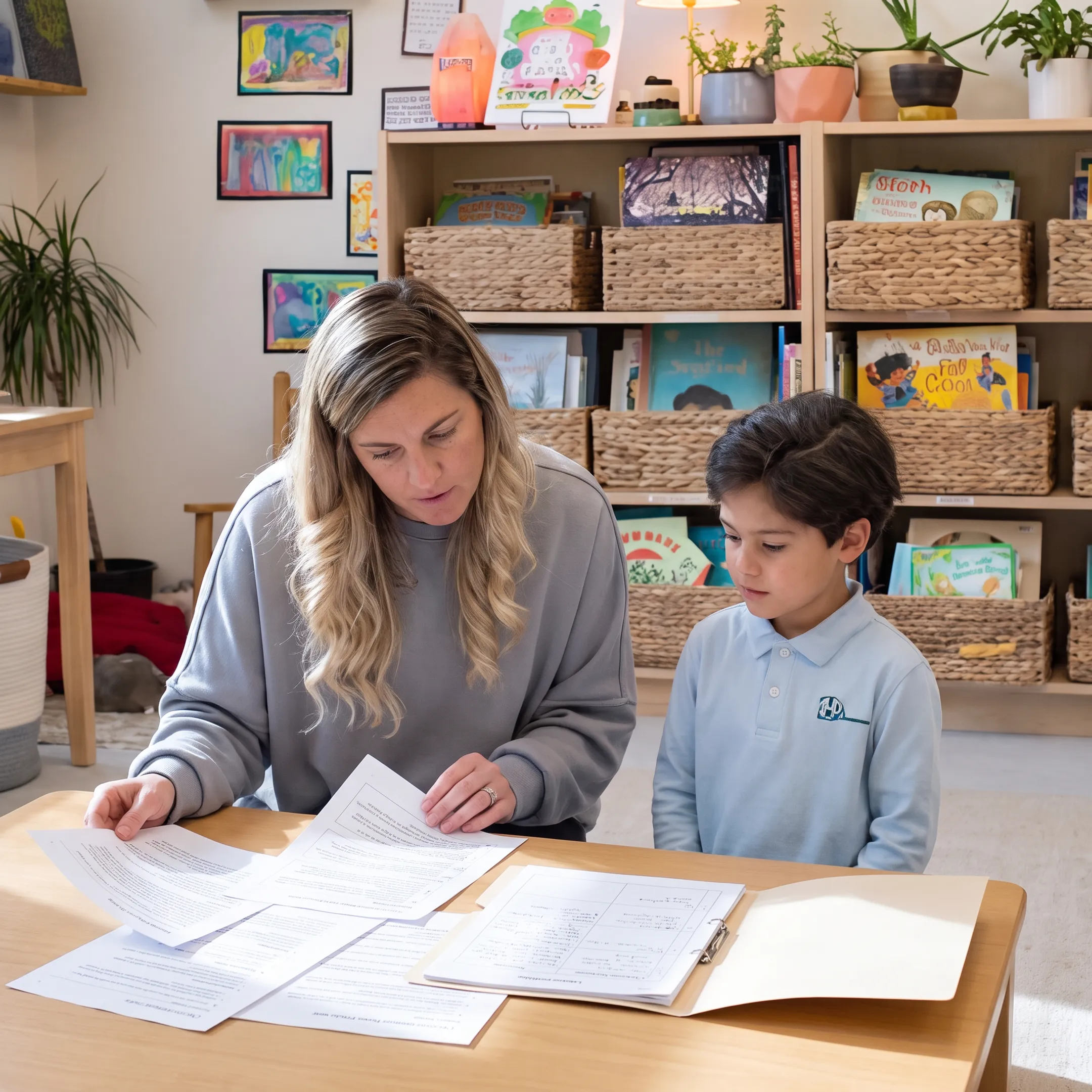 Homeschool parent reviewing curriculum and lesson materials