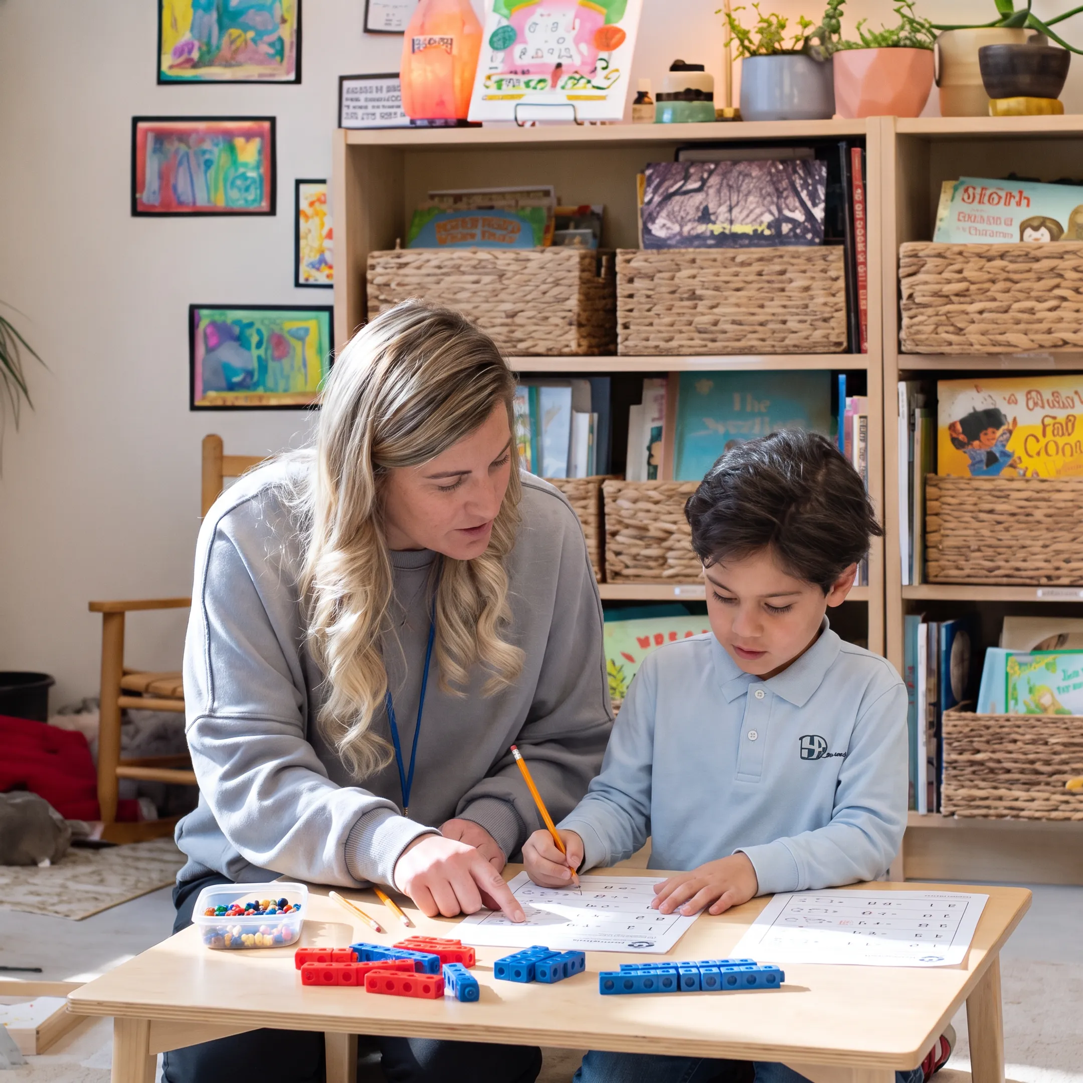 Child completing a hands-on homeschool math activity