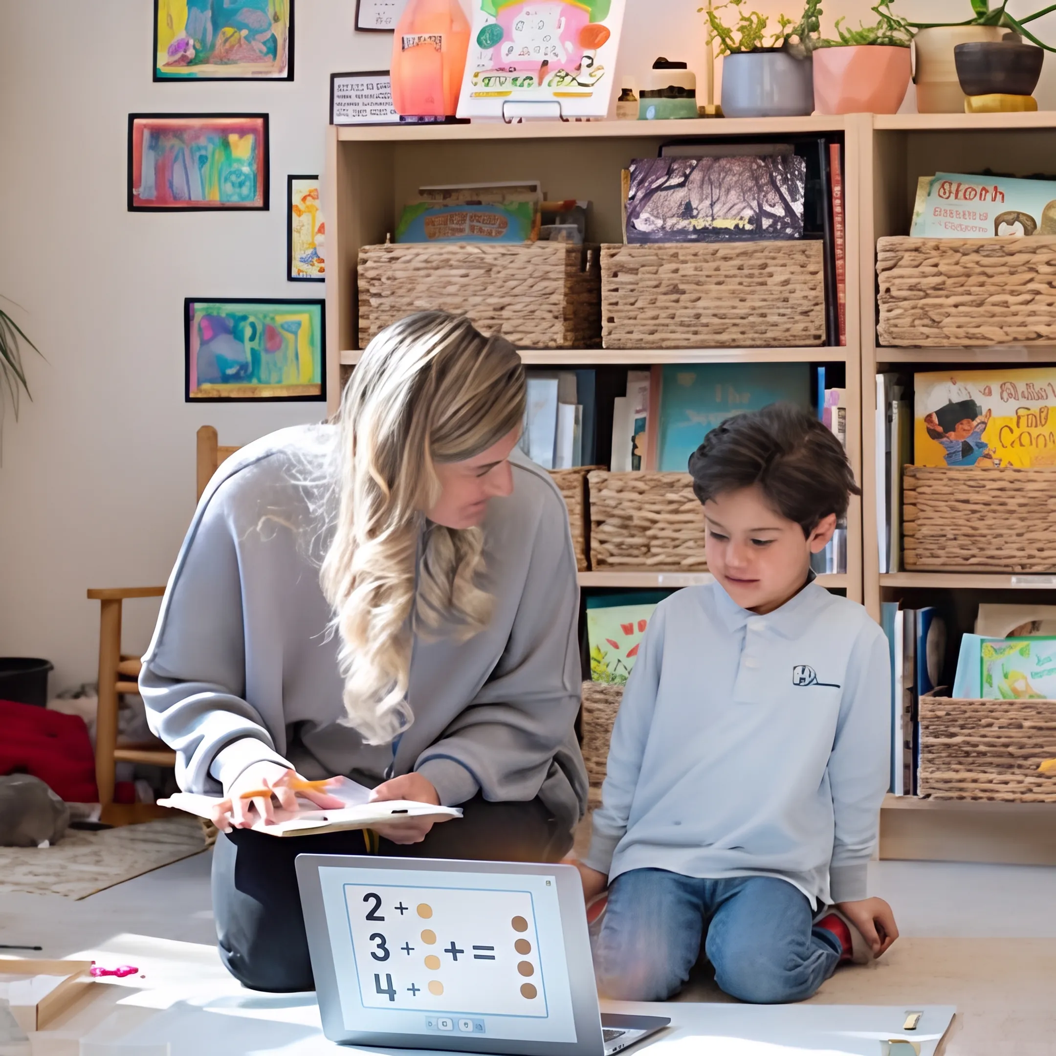 Parent and child reviewing an online homeschool math lesson