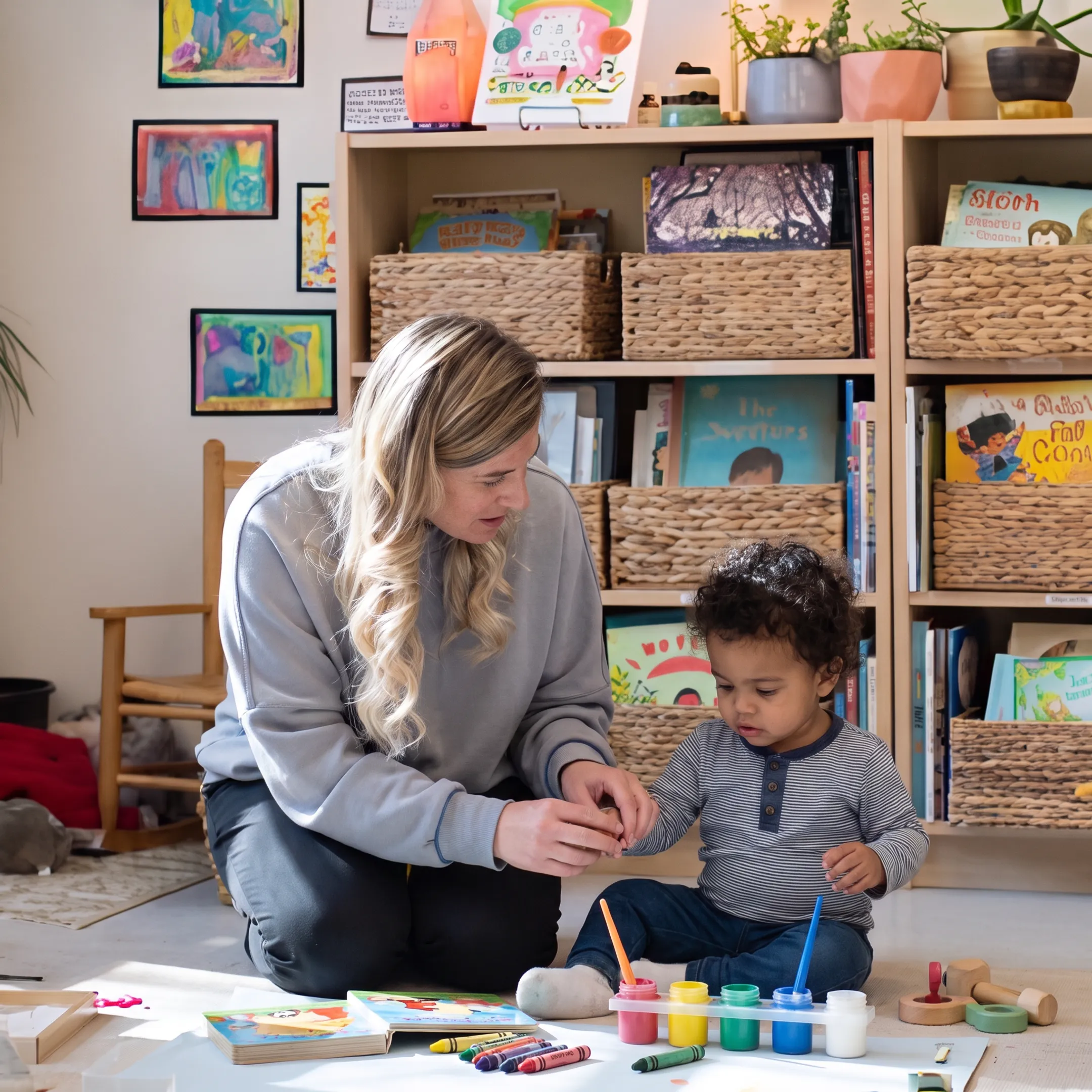 Parent and toddler exploring a playful homeschool preschool activity at home