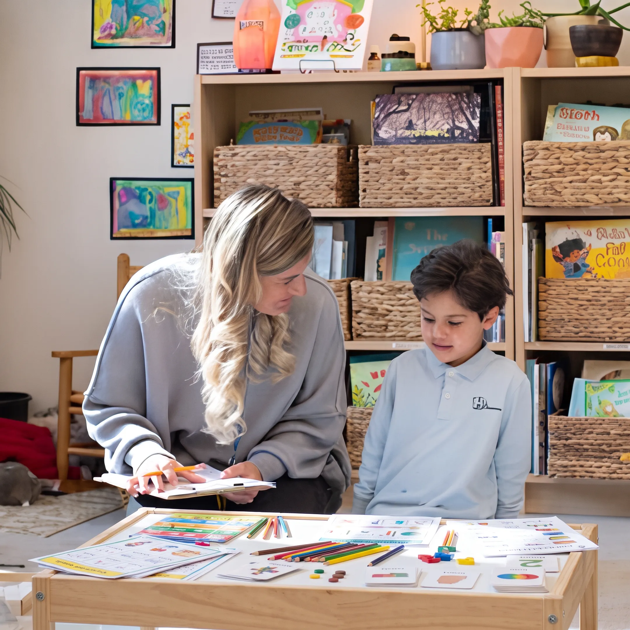 Parent reviewing homeschool preschool curriculum materials beside a young child