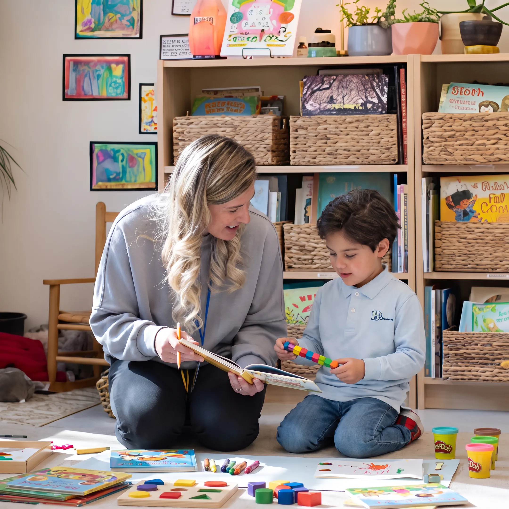 Parent guiding preschool child through a hands-on homeschooling activity